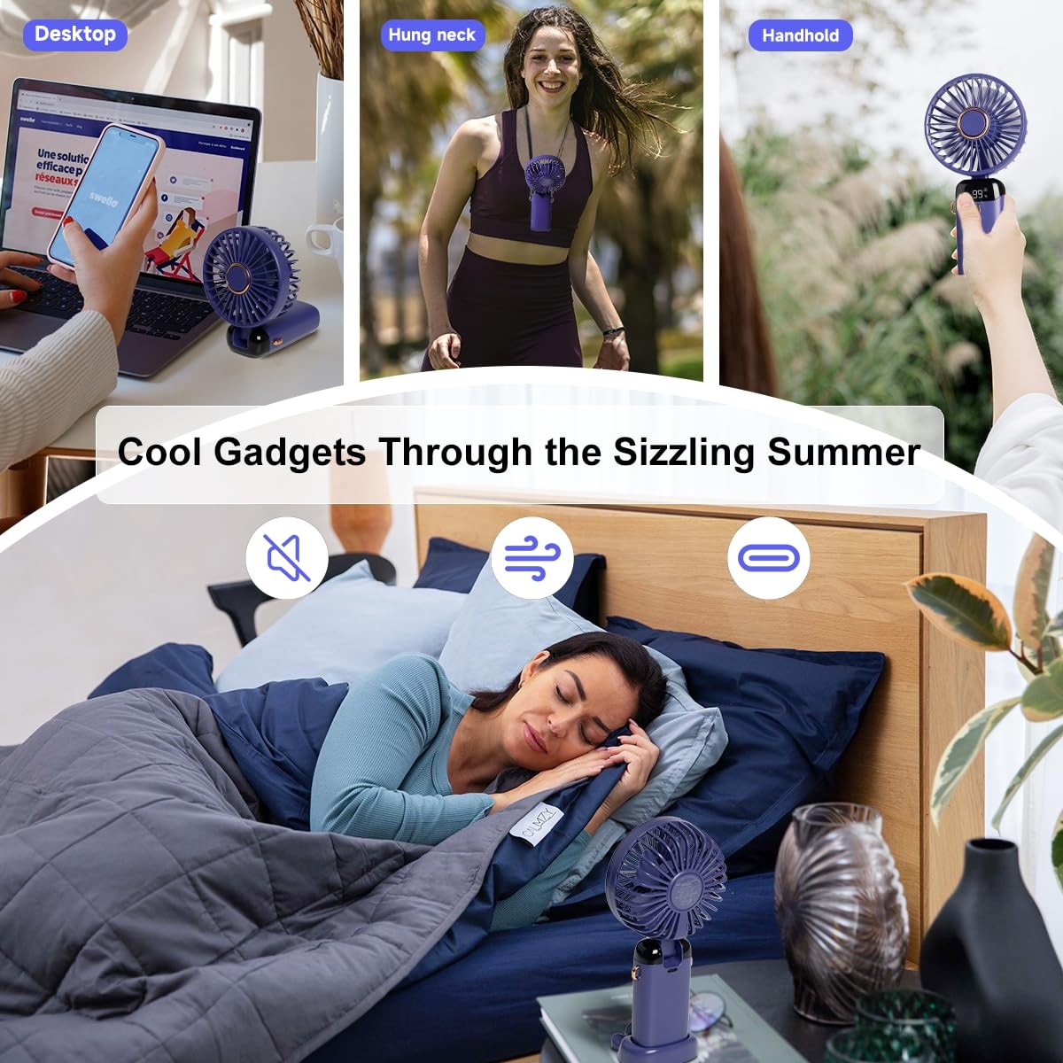 Aucoofany 5-piece portable handheld mini fans with foldable design and 12-hour battery life, featuring adjustable 90° stands.