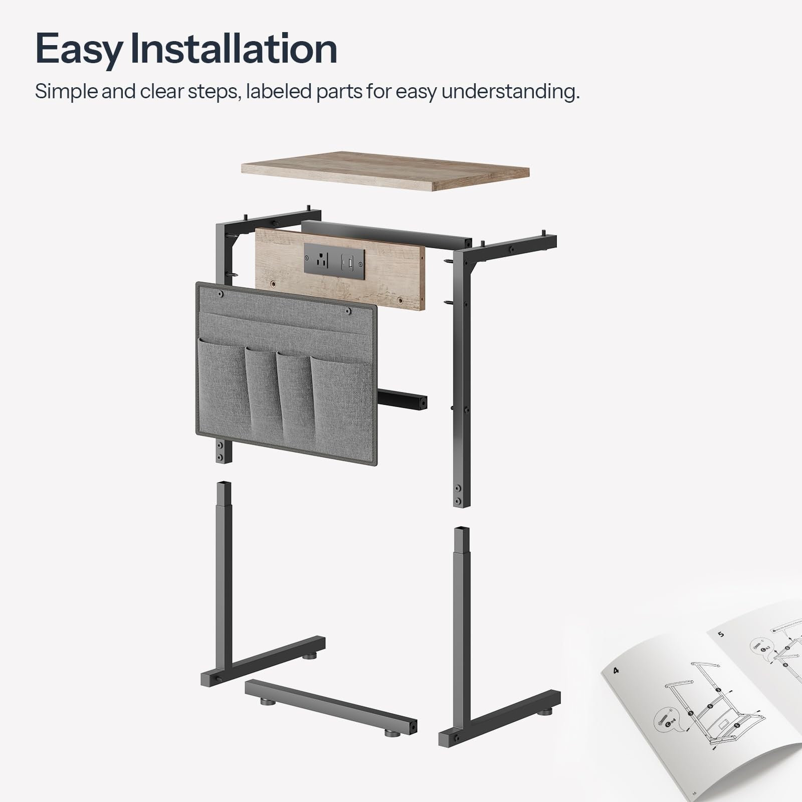 HOOBRO C-shaped end table with built-in charging station, 28-inch tall couch table with storage and modern design.