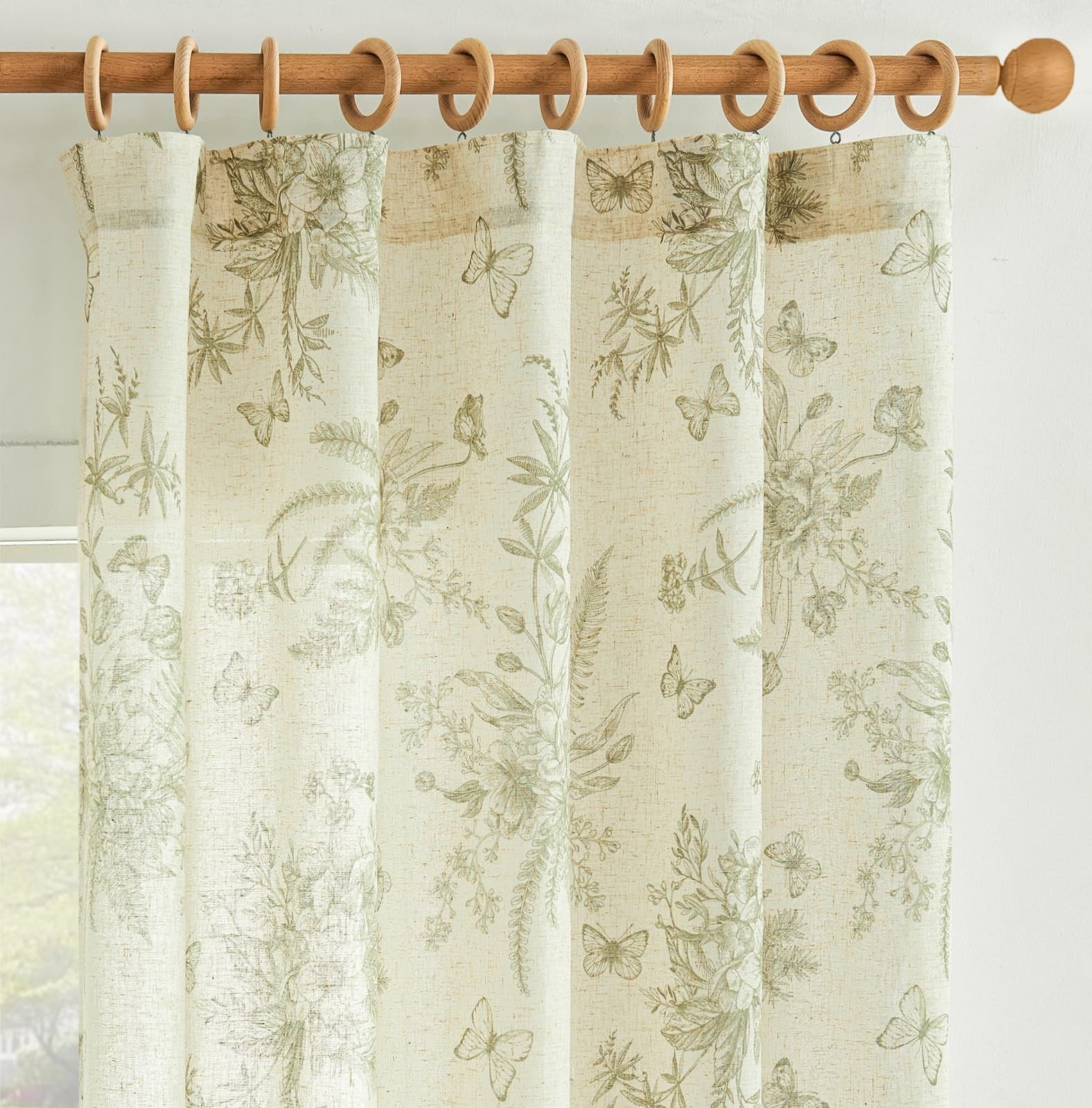 jinchan linen floral curtains for living room, 84-inch sage green farmhous style window drapes with floral pattern