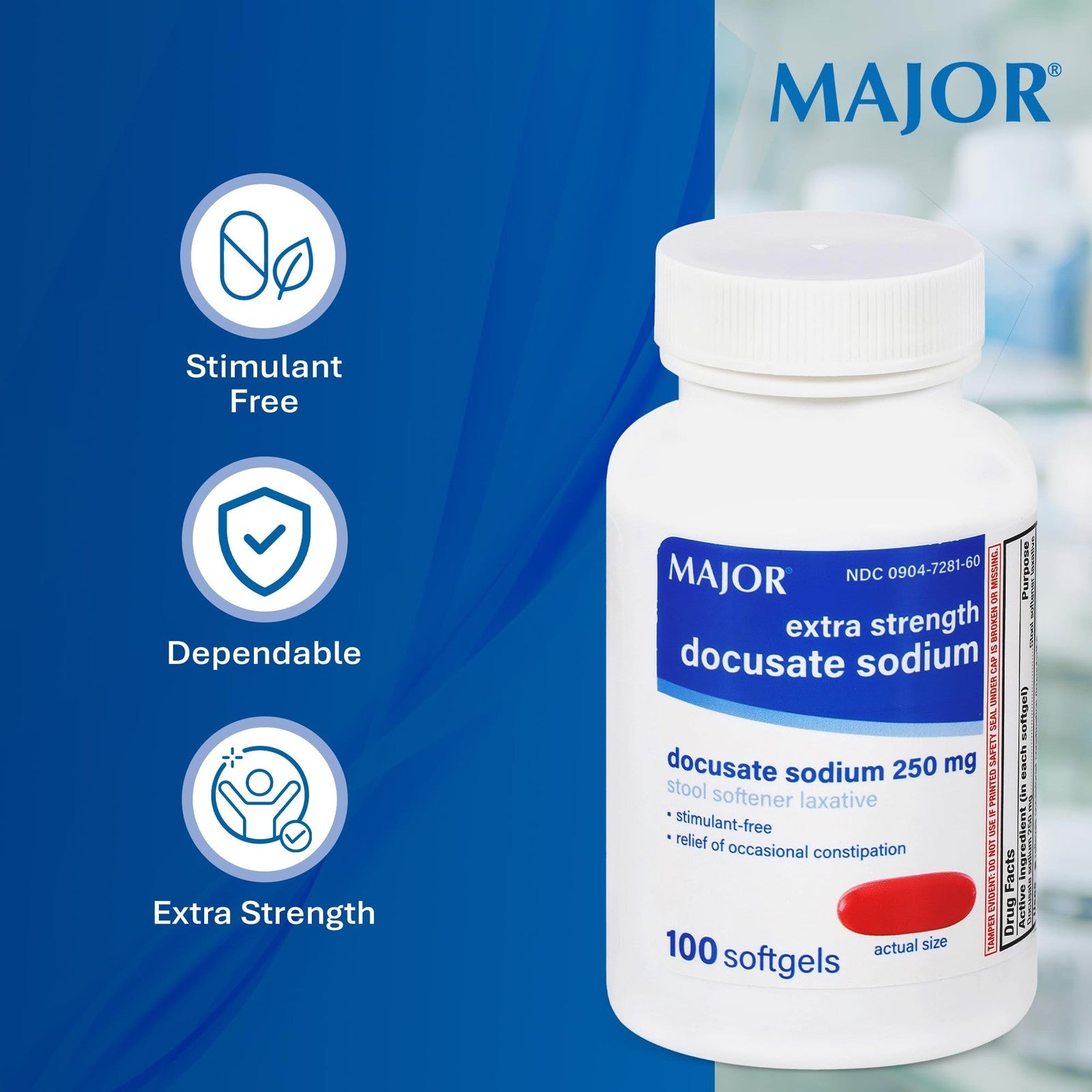 Major Docusate Sodium 250 mg extra strength stool softener laxative bottle with label and cap on a white background