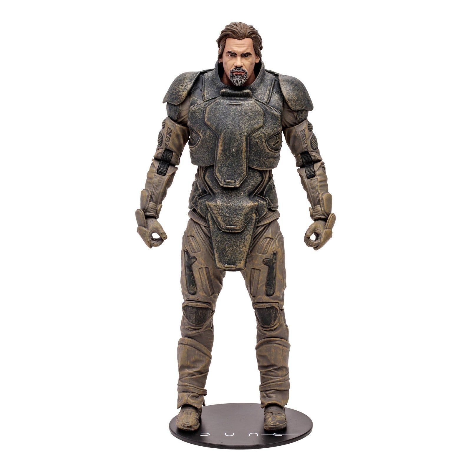 Four McFarlane Toys Dune Part Two action figures including Gurney Halleck, Paul Atreides, Chani, and Stilgar posed together.