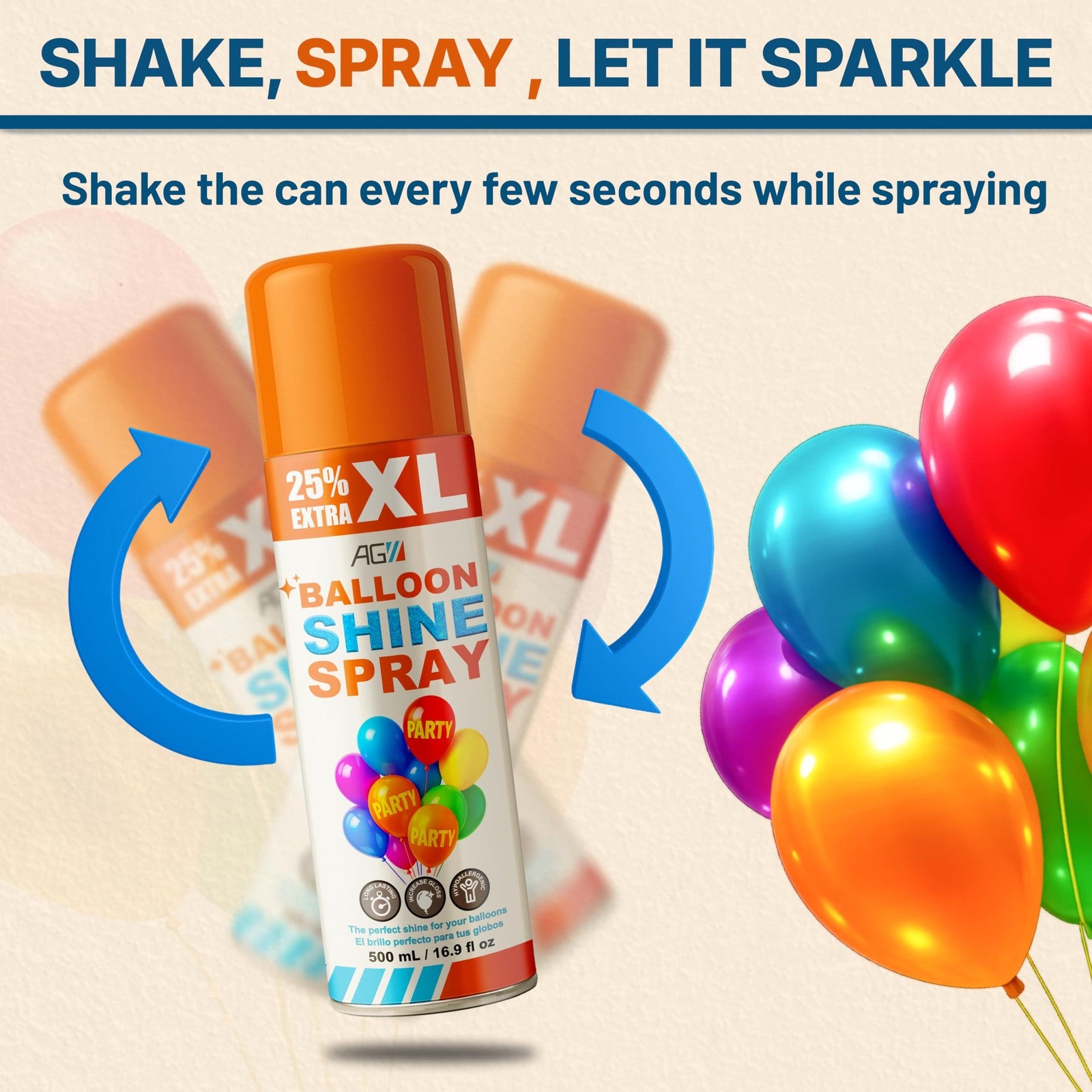 ag Adhesive Guru Balloon Shine Spray for high gloss latex balloons, 3-pack of 16.9 fl oz bottles, with a spray nozzle.