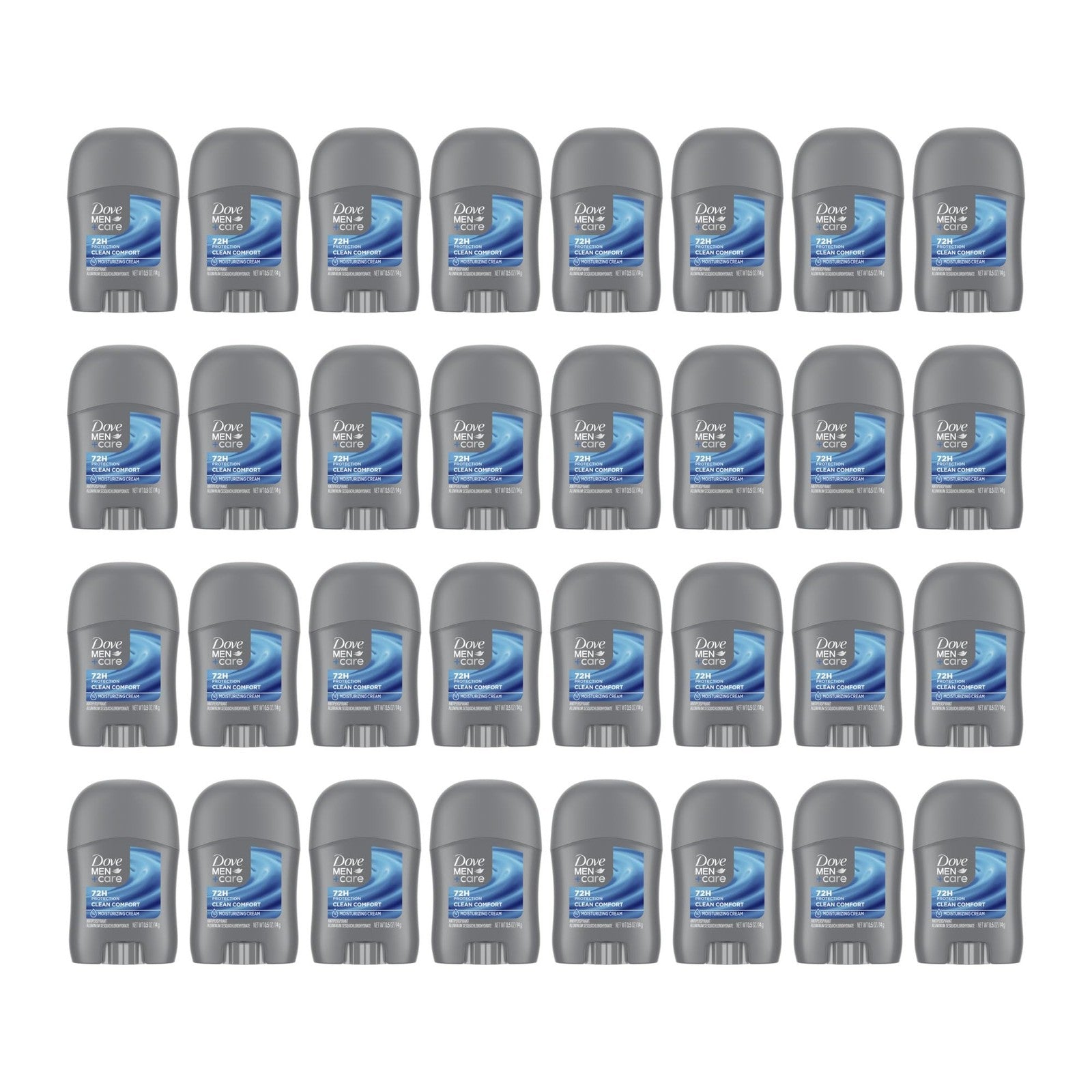 Dove Men+Care antiperspirant deodorant stick in Clean Comfort scent, 36-pack, providing 72-hour sweat and odor protection.