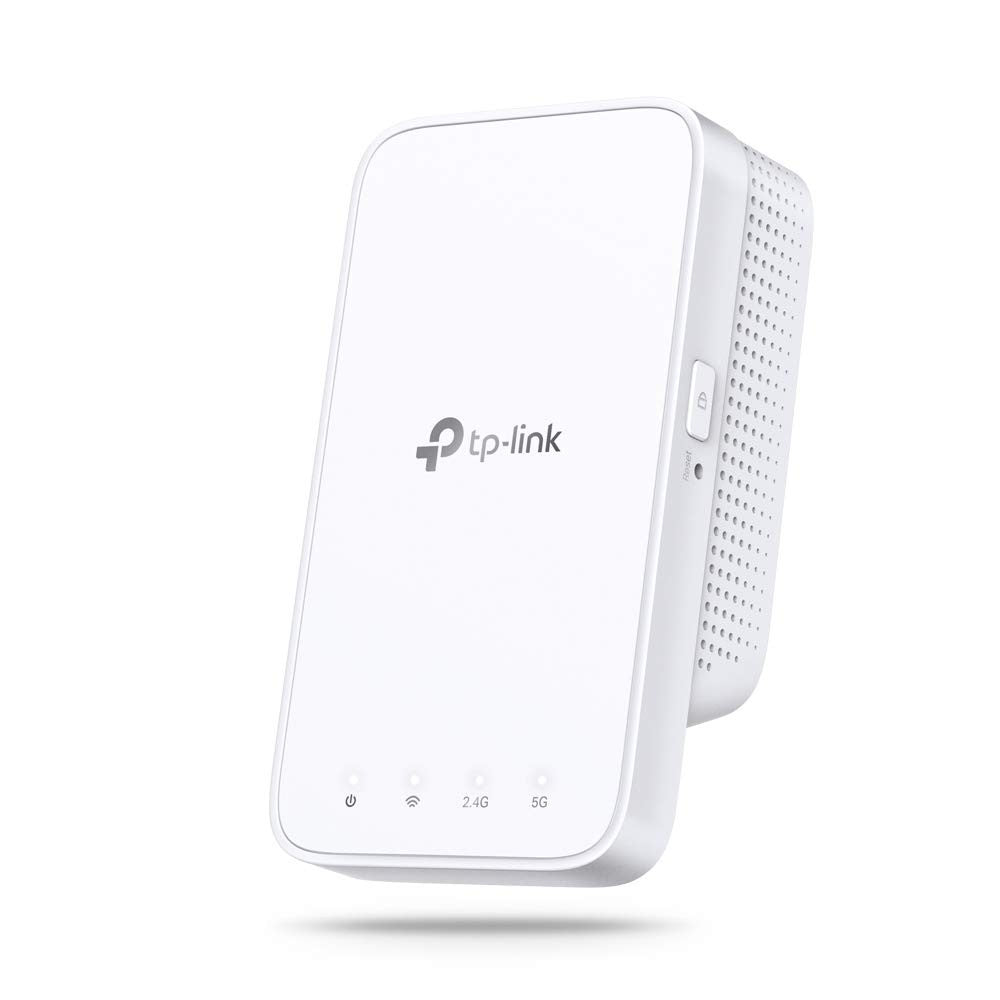 TP-Link AC1200 WiFi Extender RE300 showing a sleek white device with indicator lights on a table.