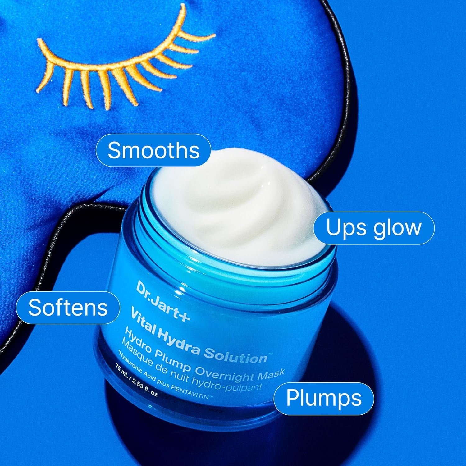 Dr.Jart+ Vital Hydra Solution Hydro Plump Overnight Korean Face Mask with hyaluronic acid, shown on a skincare display.