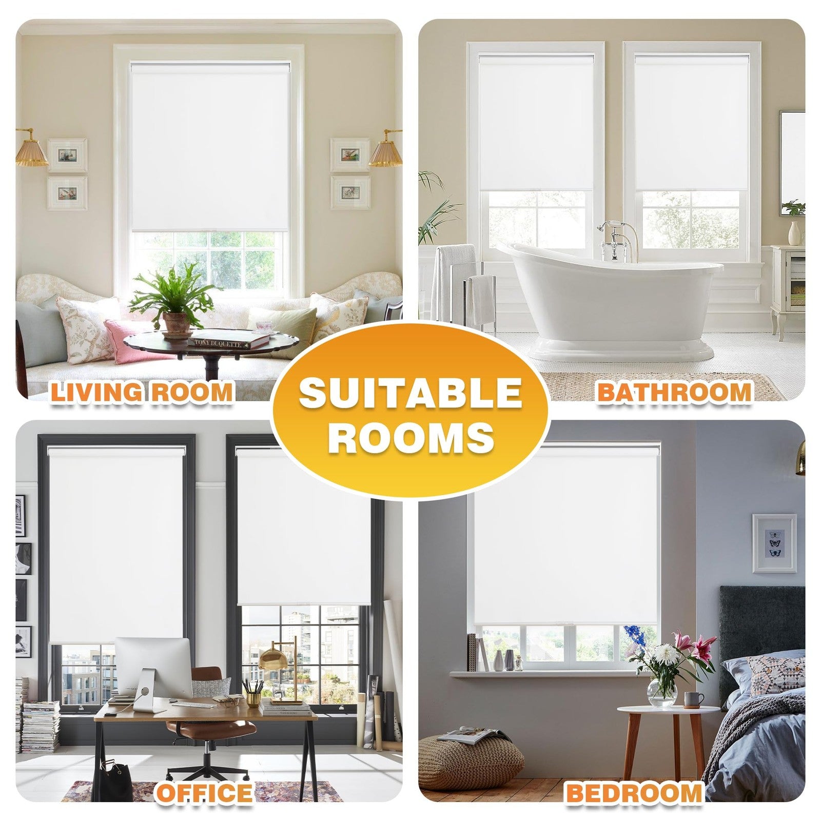 Blackout roller shades for windows by BWEROCIQ, cordless and thermal insulated window blinds with free-stop mechanism.