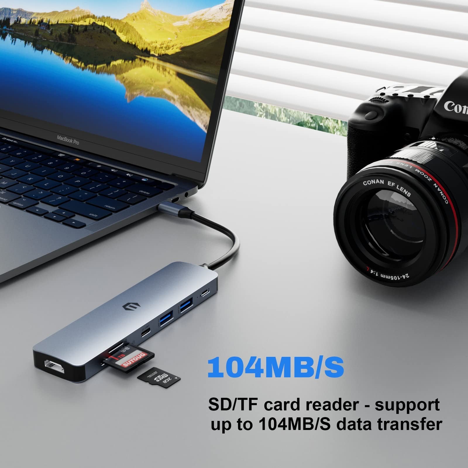 TOTU USB C Hub 7-in-1 docking station with 4K HDMI, two USB 3.0 ports, USB C, and 100W Power Delivery in black