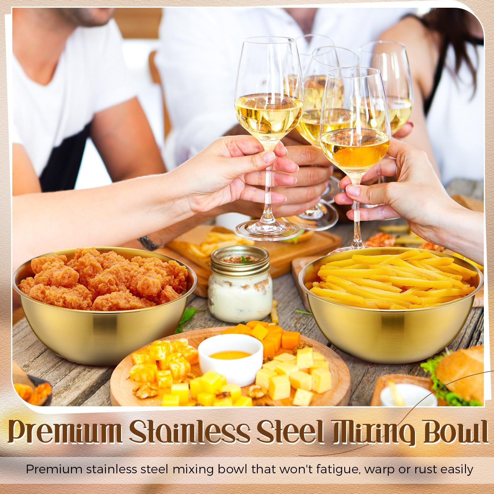 Nuogo 12-pack of 8.27-inch gold mixing bowls with airtight lids, ideal for serving and food prep in a stylish kitchen.