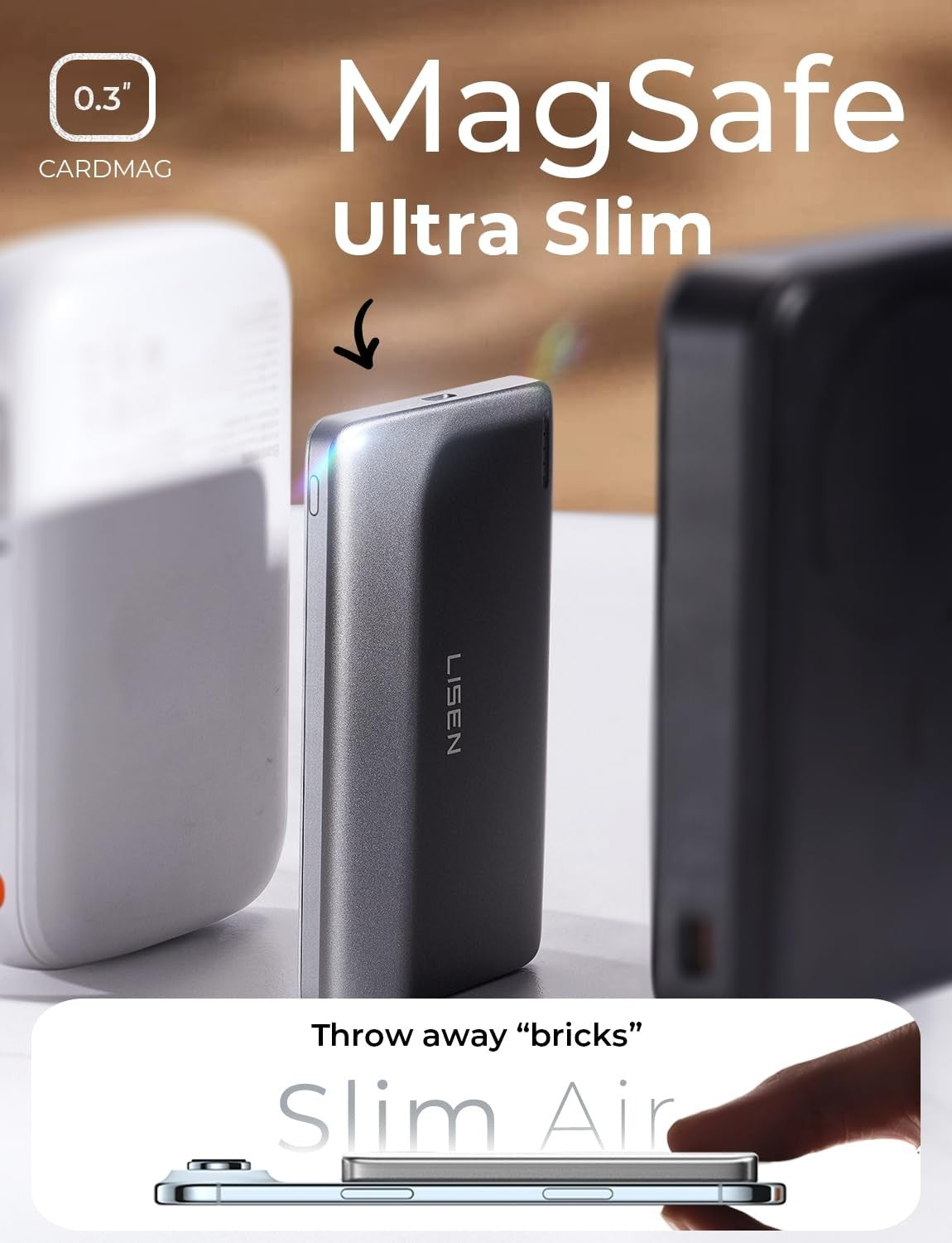 LISEN Qi2 15W Ultra Slim MagSafe Battery Pack with 5000mAh capacity and fast wireless charging, shown connected to a compatible device.