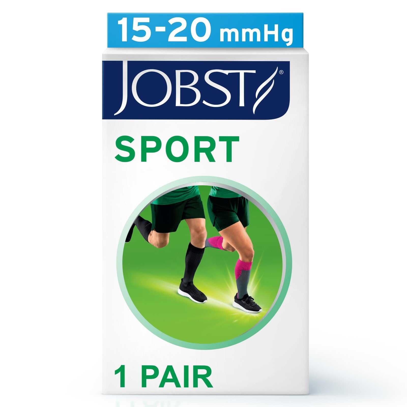 Jobst Sport knee-high compression socks in white and grey, X-Large size, designed for athletic support and improved circulation.