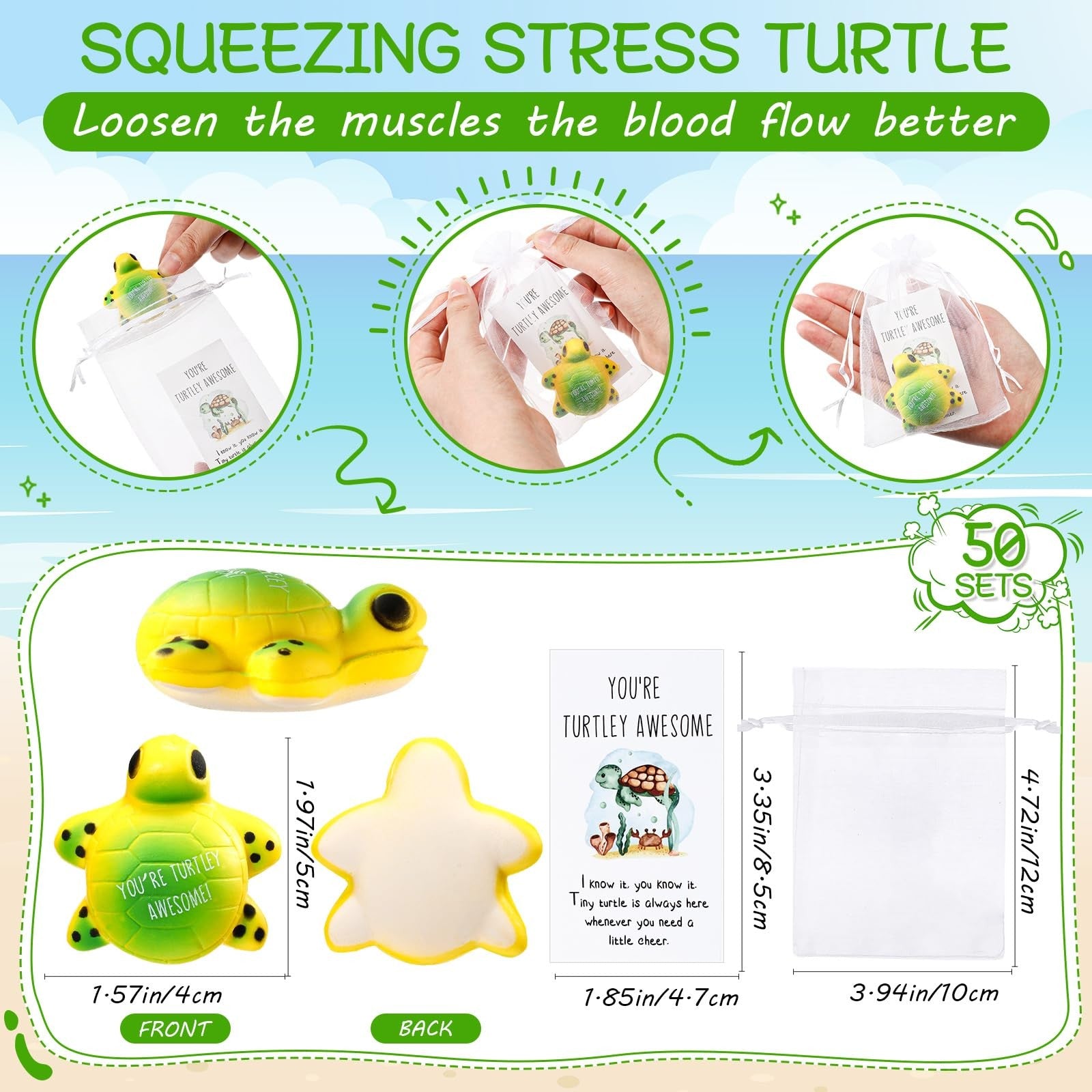 Libima 50-pack turtle stress balls for adults with motivational quotes, soft silicone squeezable stress relief toys.