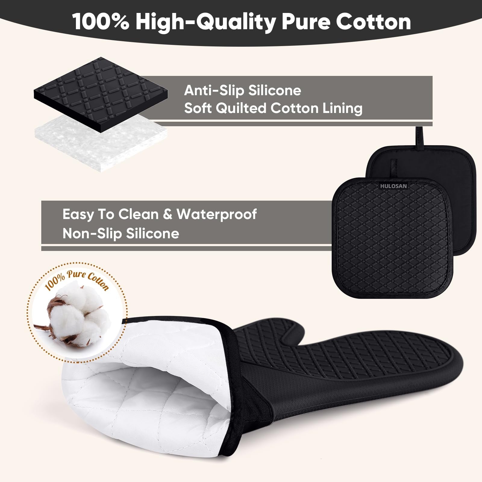 HULOSAN silicone oven mitts and pot holder set with 100% cotton kitchen towels, heat-resistant and durable for cooking.