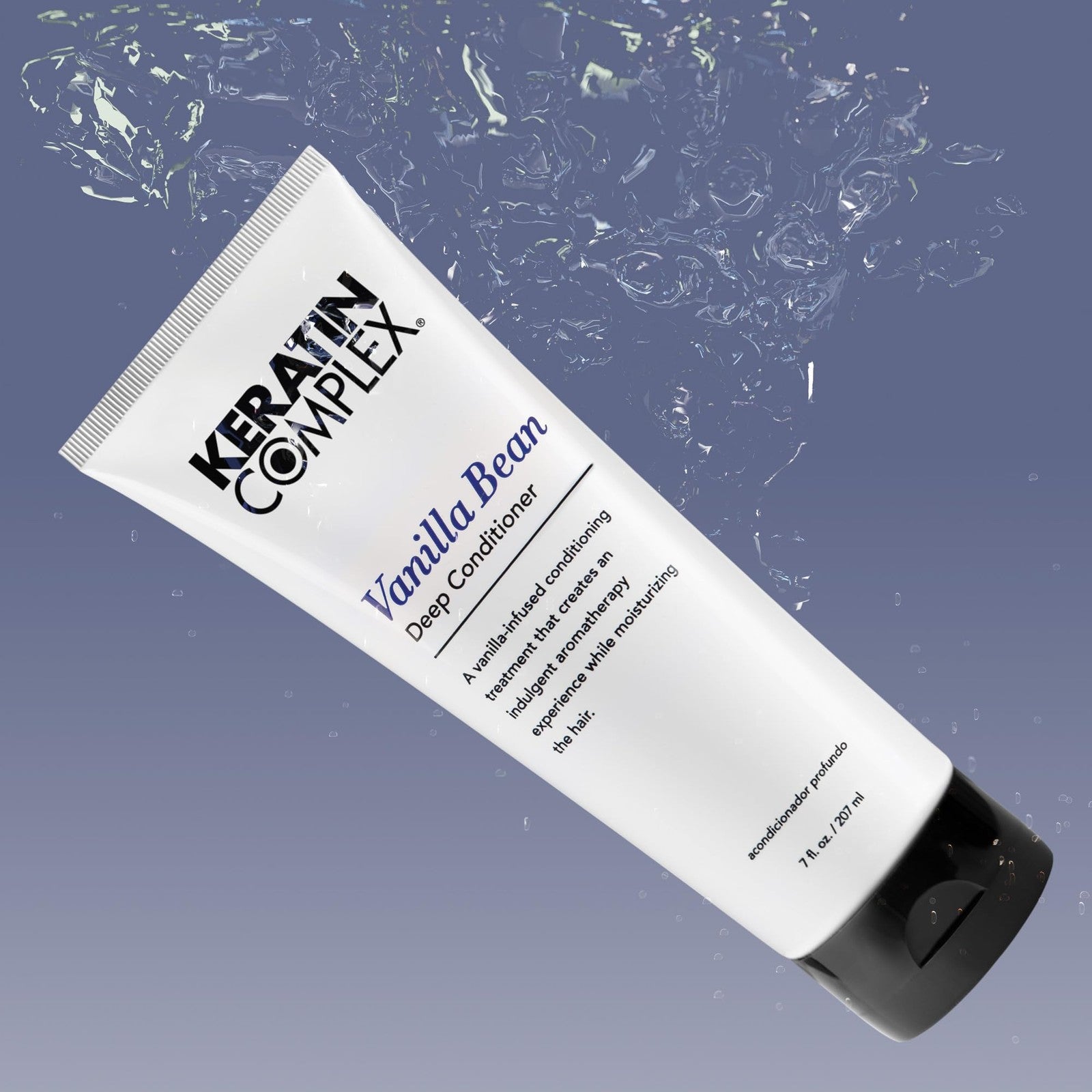 Keratin Complex Vanilla Bean Deep Conditioner in 7 oz jar, creamy hair treatment with vanilla scent, for moisture and repair.