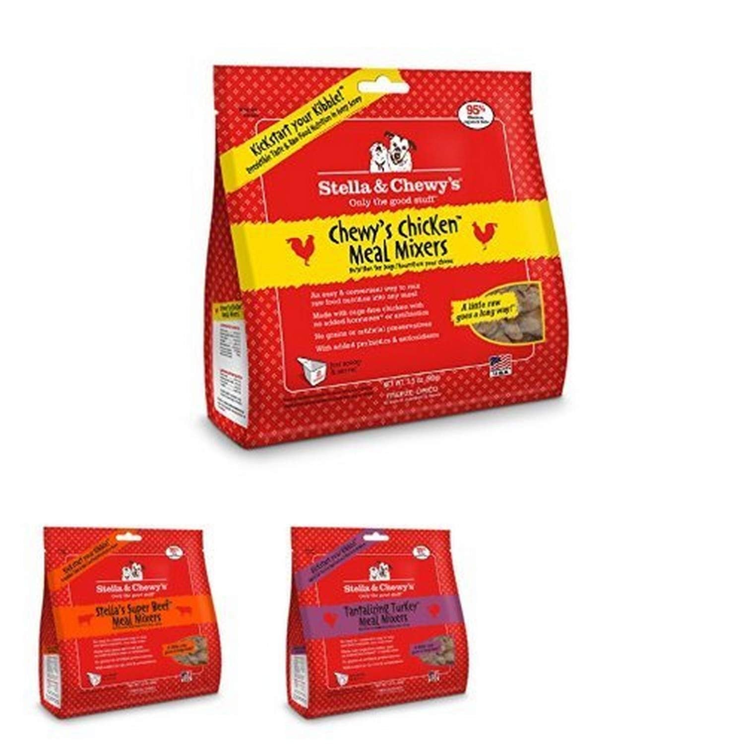 Three packs of Stella & Chewy's freeze-dried raw dog food toppers in a variety pack, showcasing different flavors.