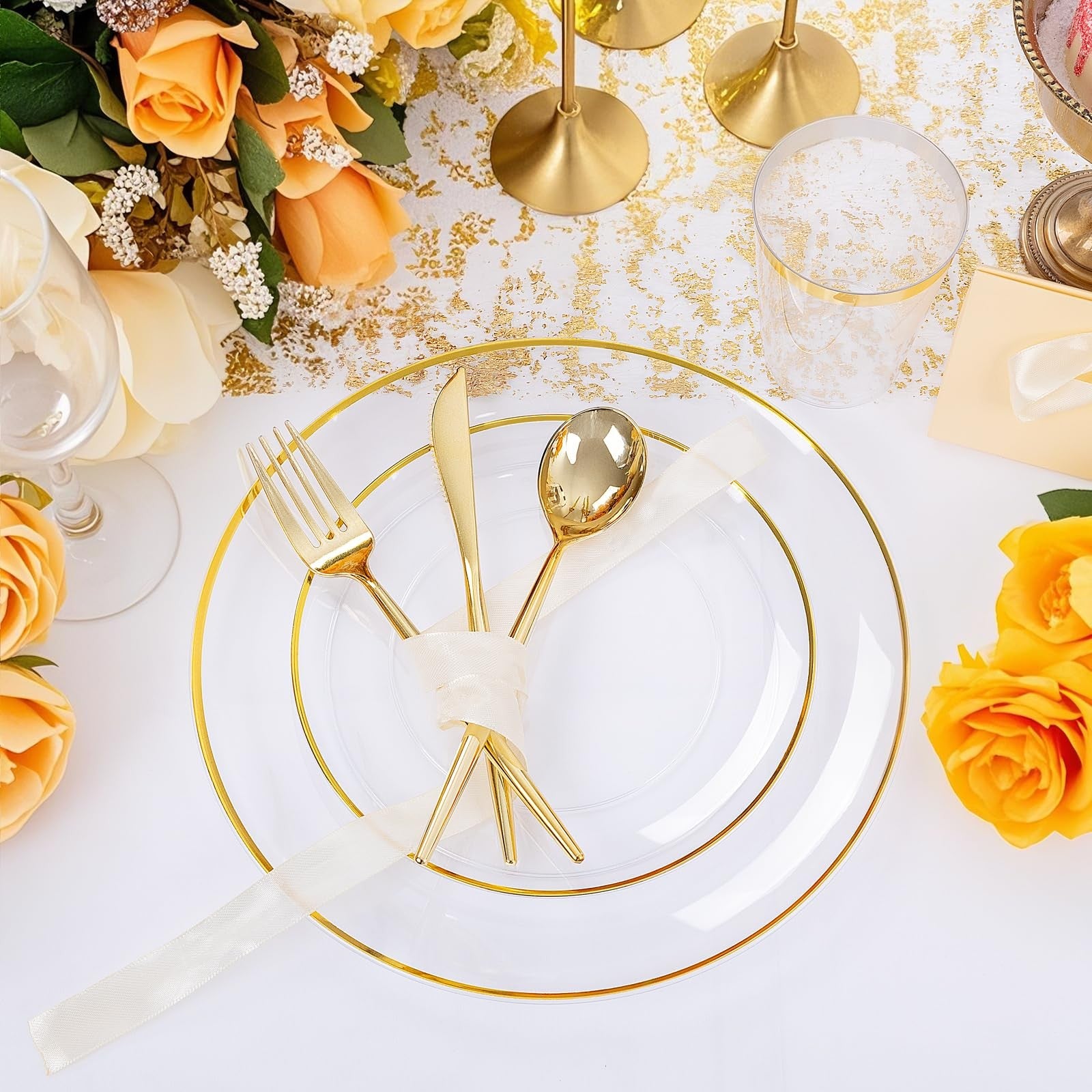 Ejonirinjonir EI 180pcs gold and clear plastic plates with gold trim, elegant disposable tableware for parties and events.