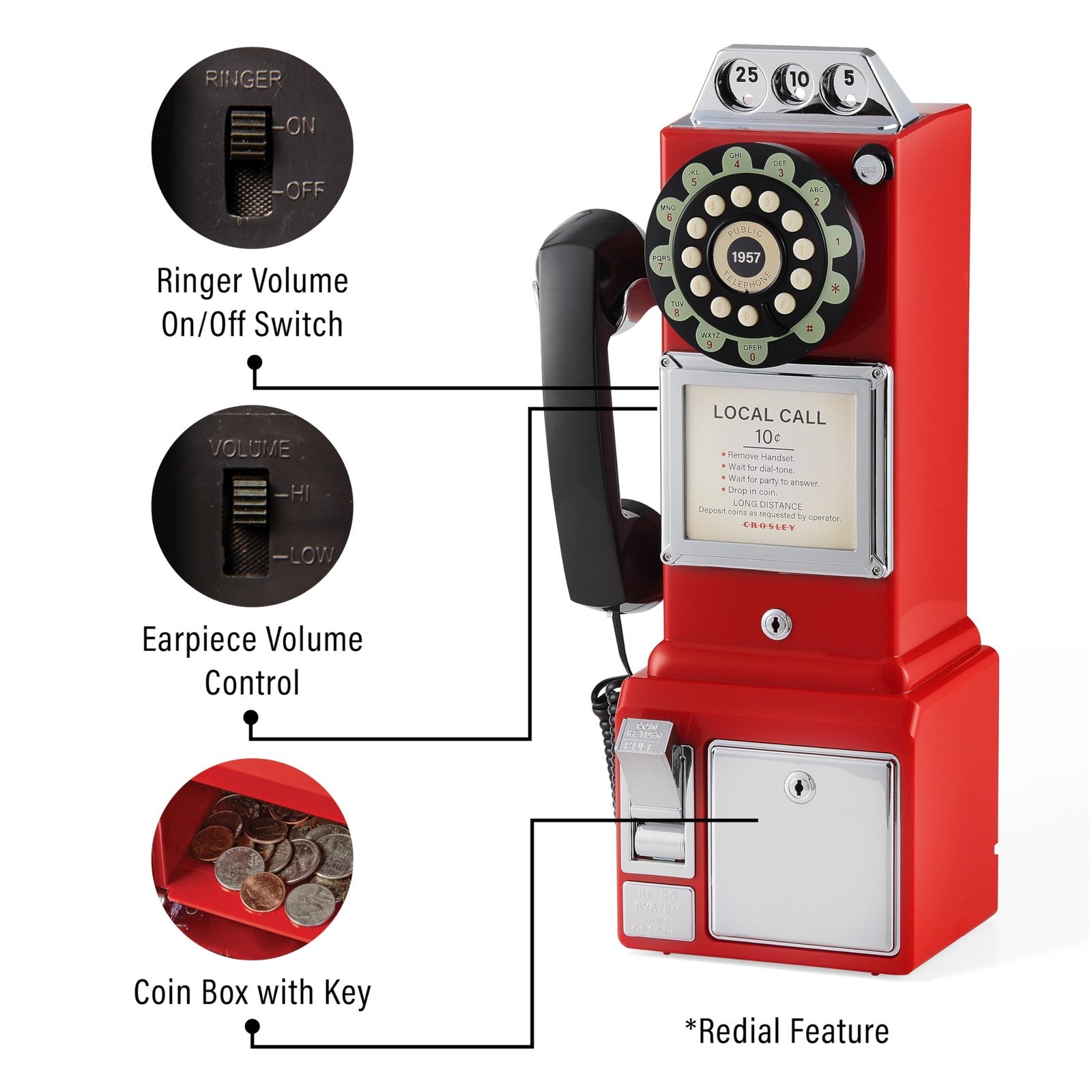 Crosley CR56-RE 1950s red payphone with push button technology, vintage style phone for display or use