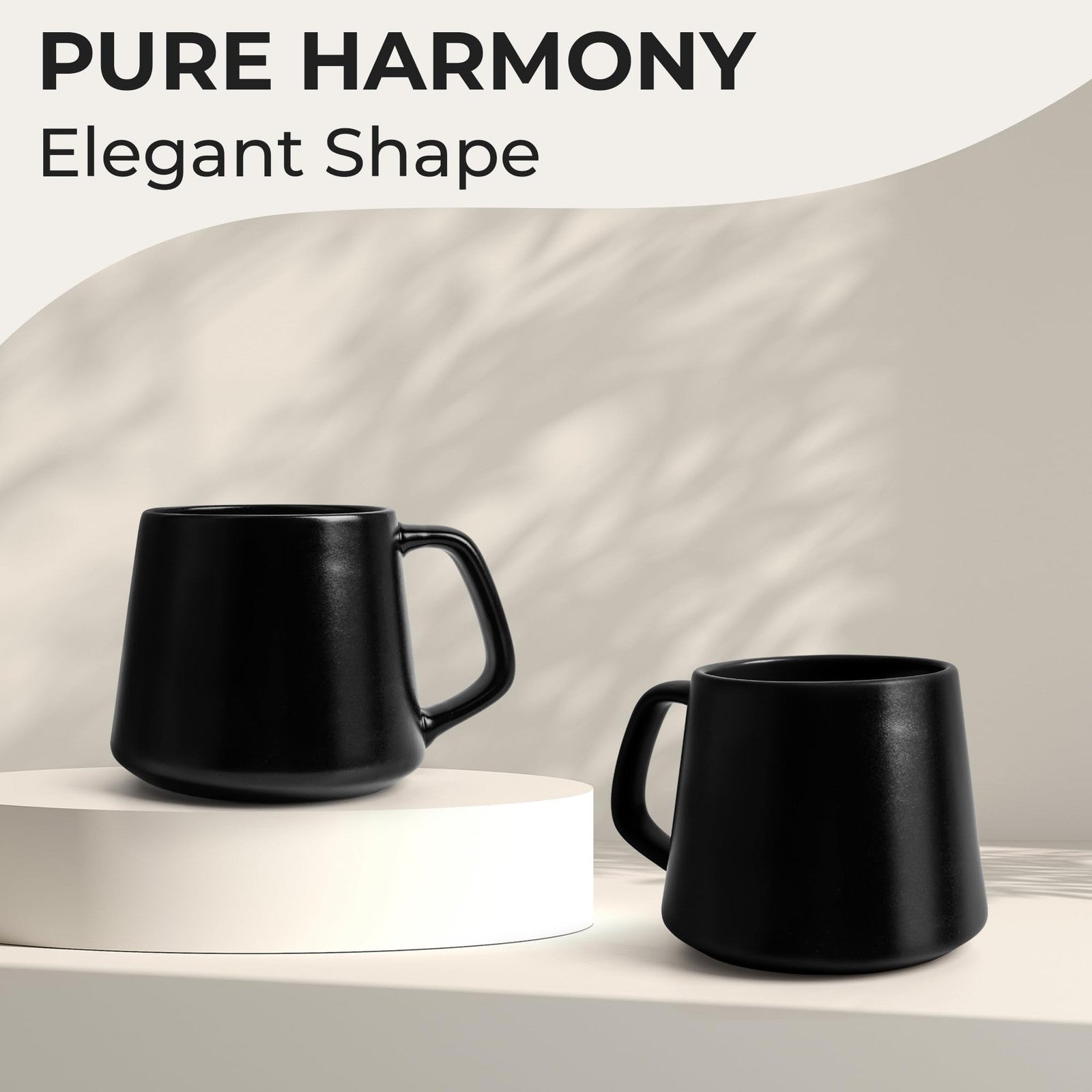 Set of four large MIAMIO ceramic coffee mugs in black, 14oz size, with microwave and dishwasher-safe features.