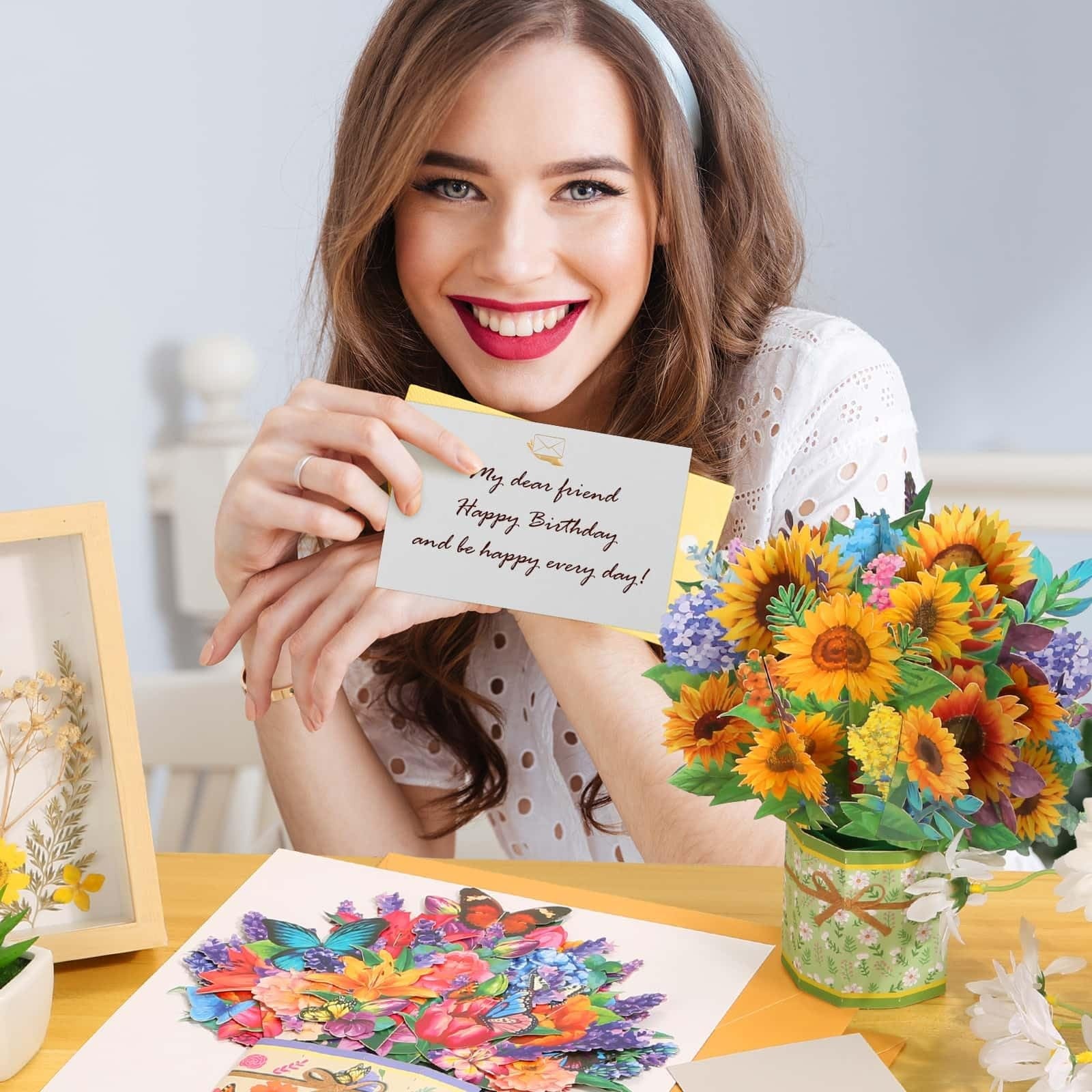 Six Caffox paper flower pop-up cards featuring colorful 3D flower bouquets and intricate floral designs for greeting occasions.