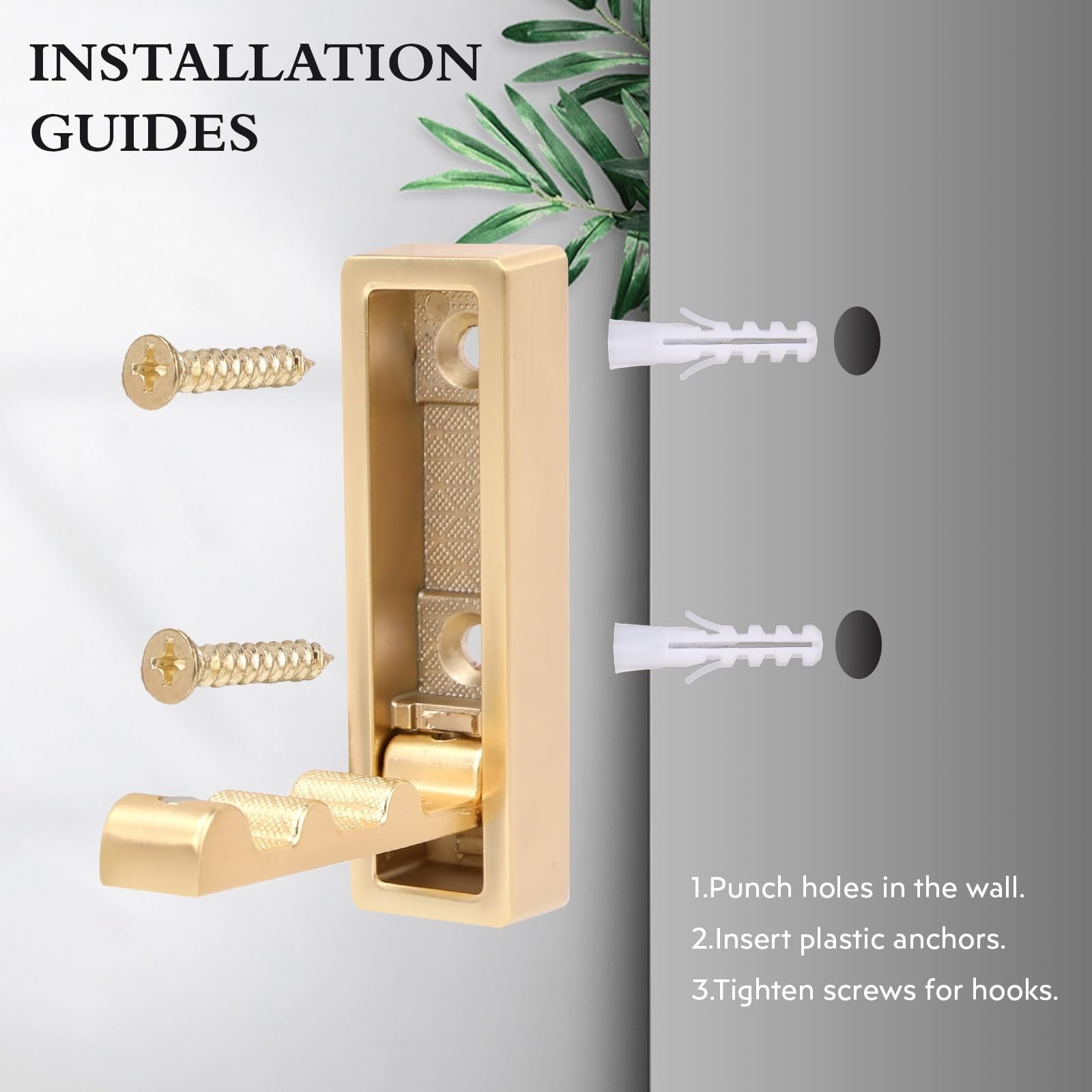 Set of 5 heavy duty gold zinc alloy folding coat hooks mounted on a wall, ideal for hanging coats and scarves.
