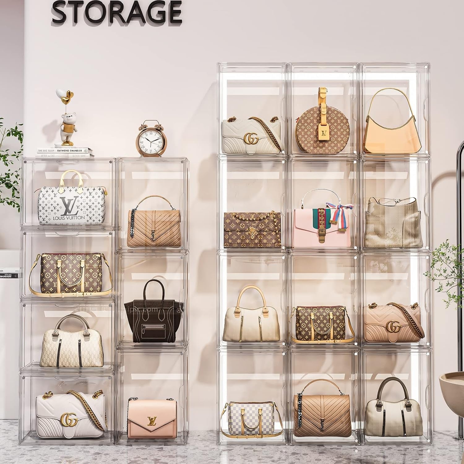 MSHOMELY clear purse storage organizer packs with three handbag compartments for closet organization and easy access.