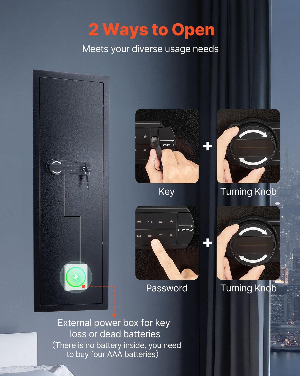 Vevor 43.3-inch high wall safe with 4-tier design, hidden mounted gun safe featuring password and key lock, in black finish.