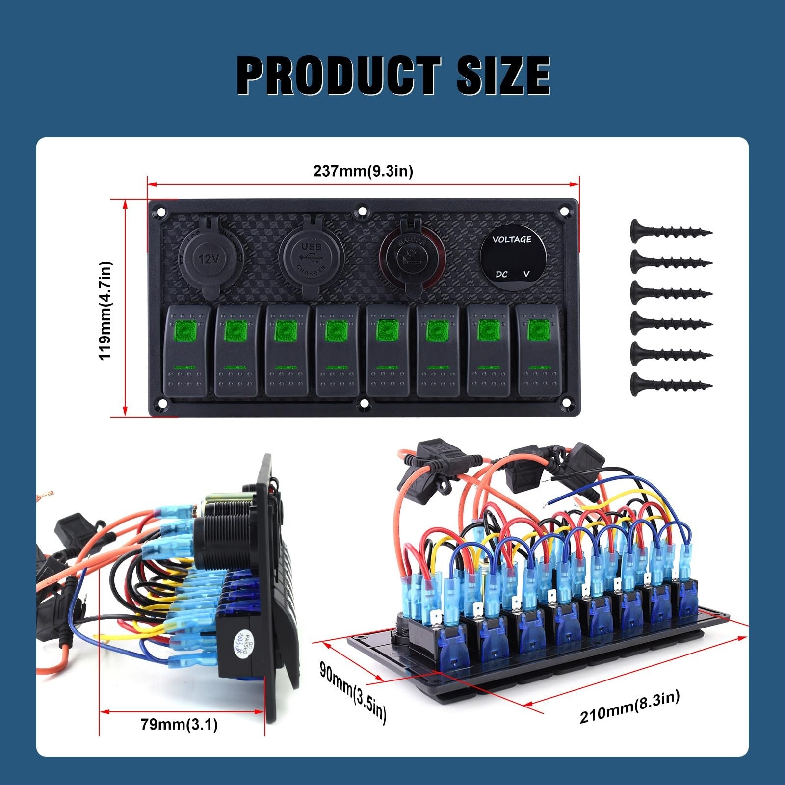 Marine switch panel with 8 rocker switches for 12/24V electrical control, featuring a durable toggle design.