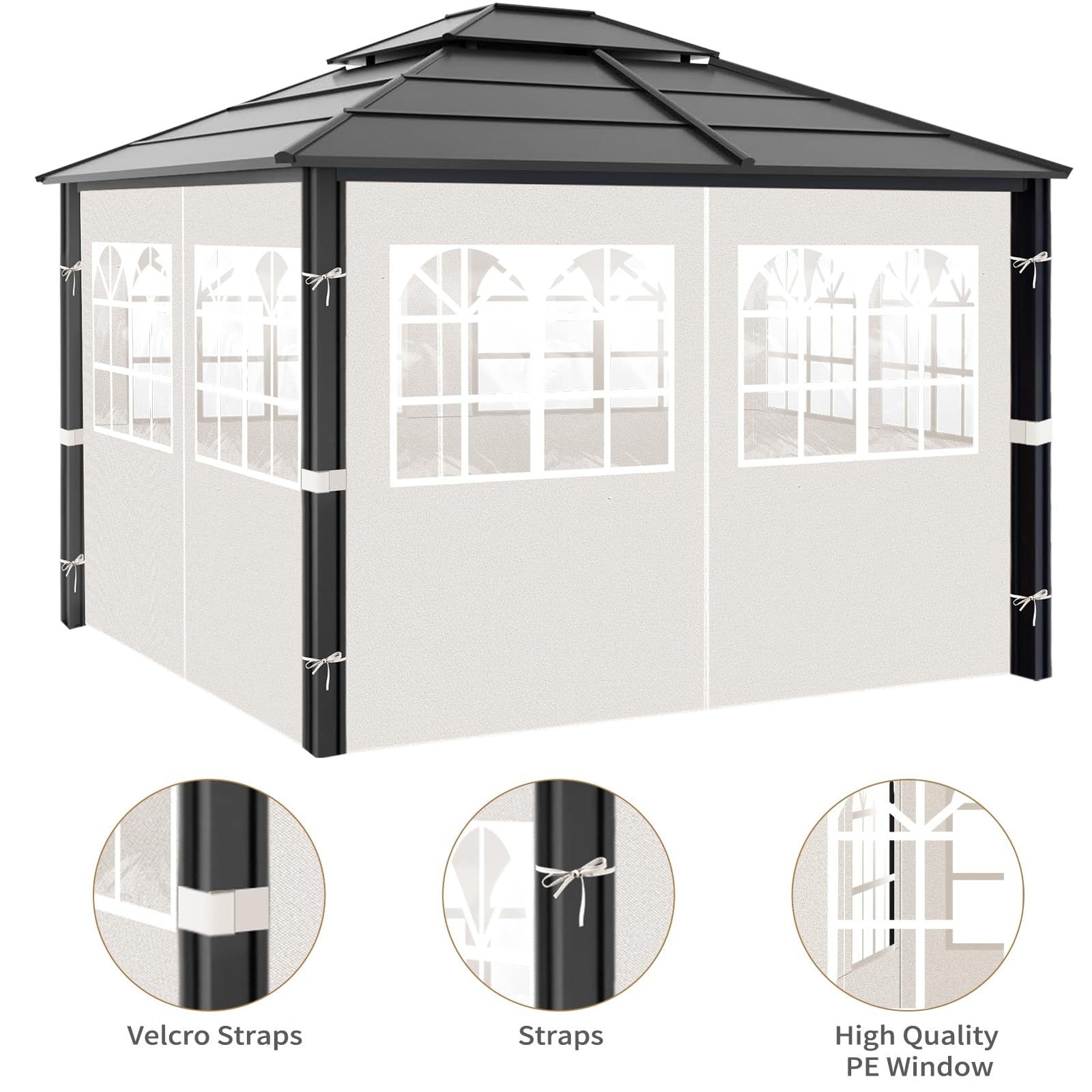 Aset of four PVC privacy curtains with zippers for Aonear 10x12 gazebo, featuring clear windows and side wall panels.