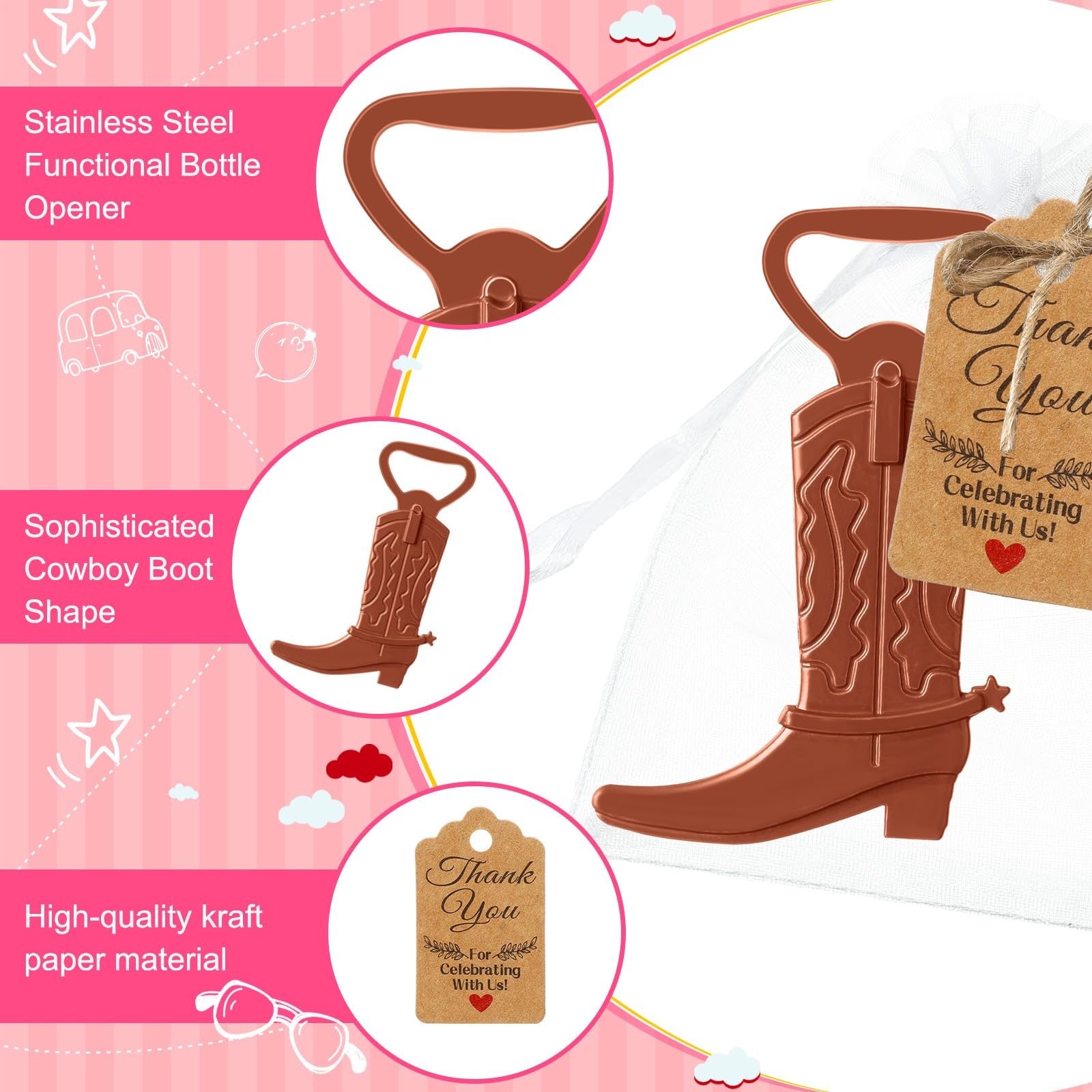 Meanplan cowboy boot bottle opener set featuring 10 cowgirl-themed western derby designs, perfect for parties and weddings.