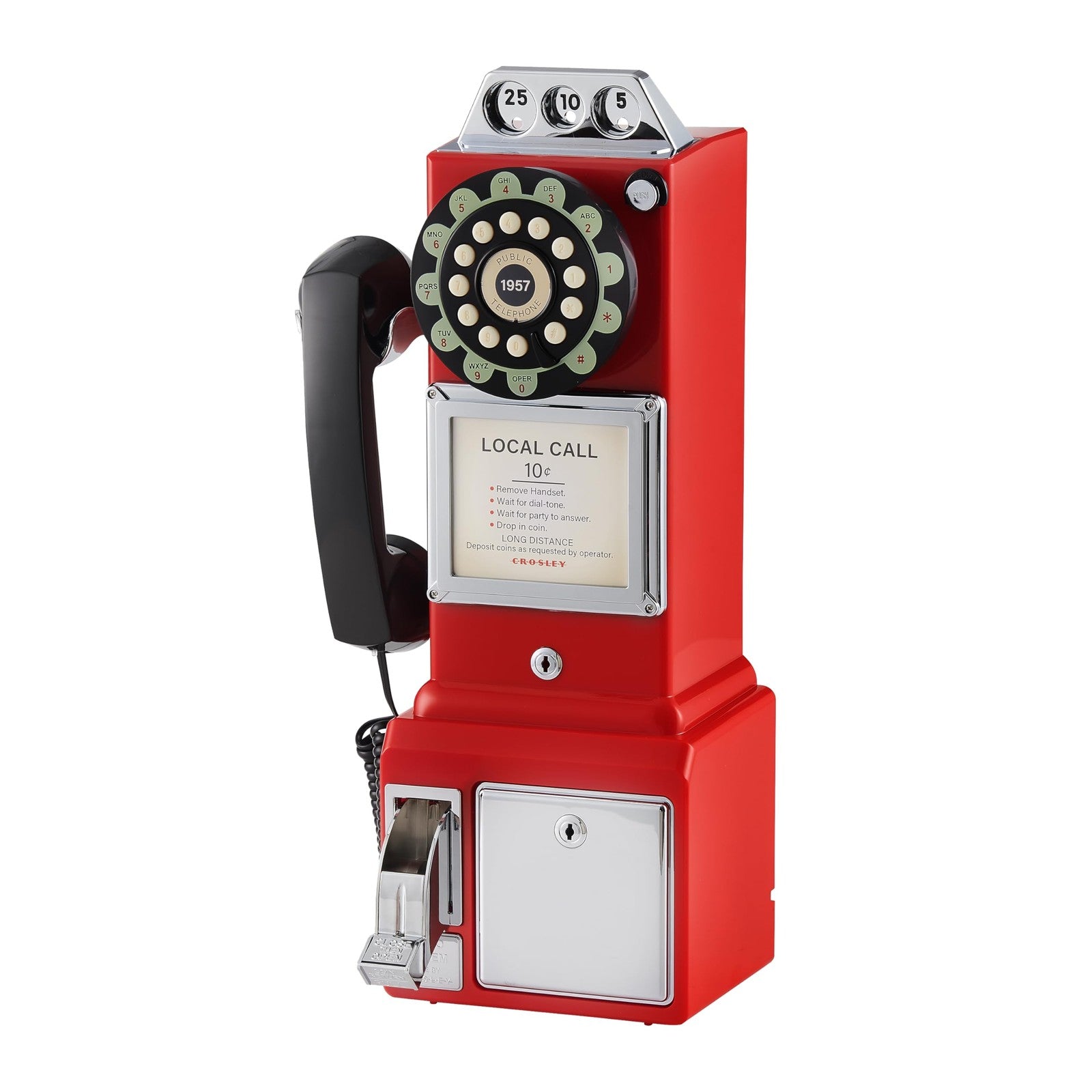 Red Crosley CR56-RE 1950s payphone with push button technology, vintage-style rotary phone replica, detailed close-up.