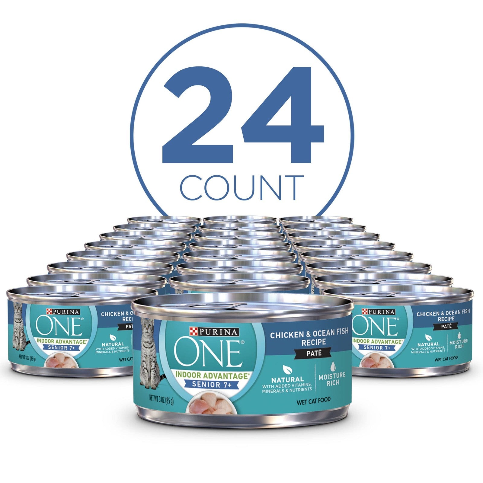 Cans of Purina ONE Grain Free Senior Pate Cat Food with vibrant packaging for mature cats age 7 and older.
