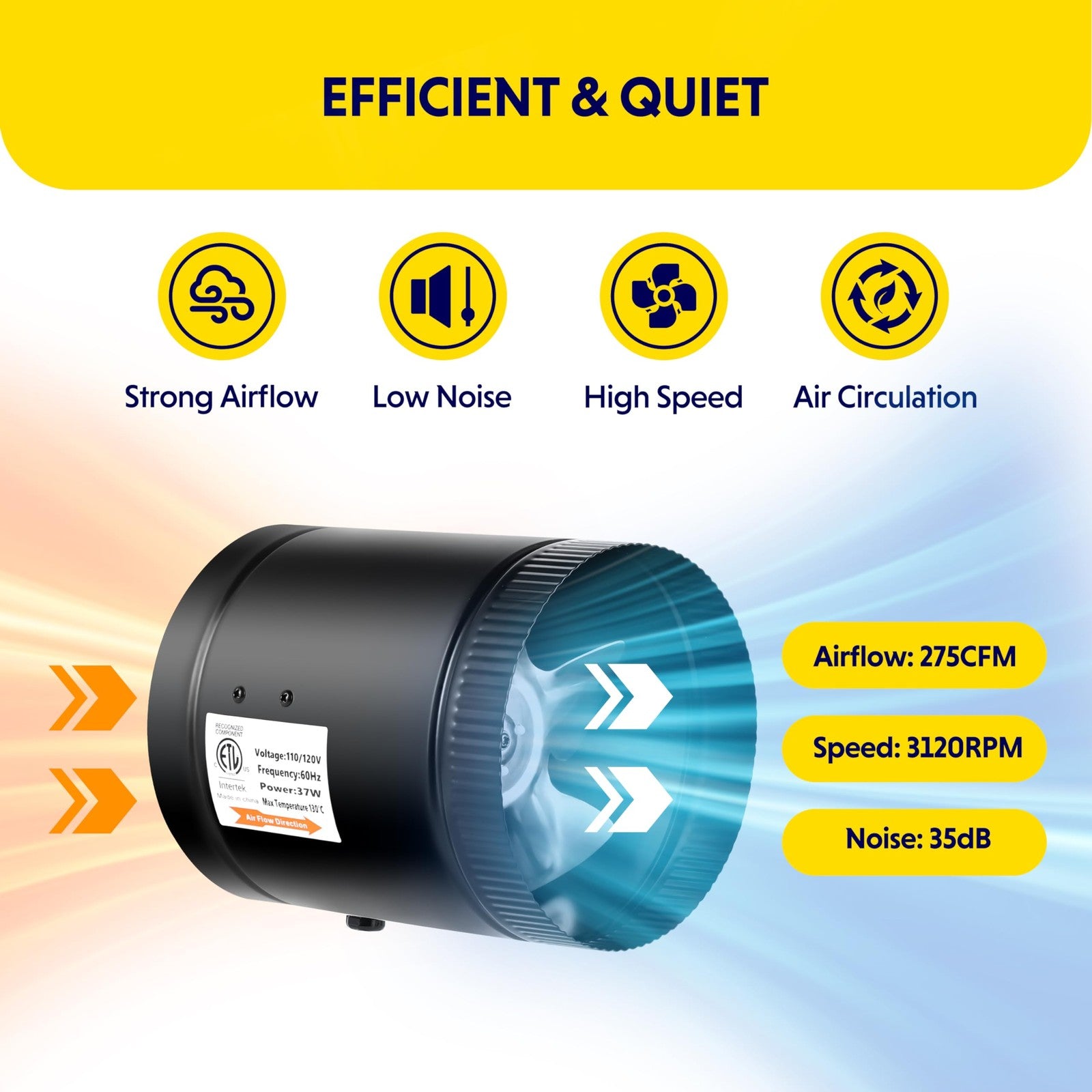 iPower 6-inch inline duct booster fan with speed control and 275 CFM exhaust airflow, suitable for ventilation systems.