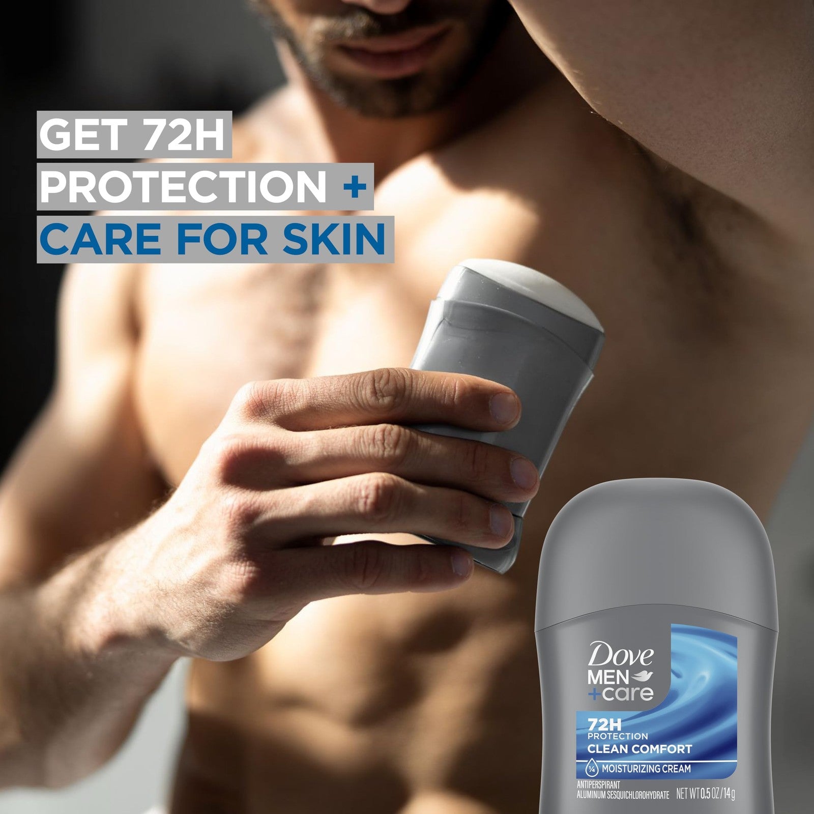 Dove Men+Care Antiperspirant Deodorant Stick Clean Comfort pack of 36, 72-hour odor and sweat protection, shown in a display image