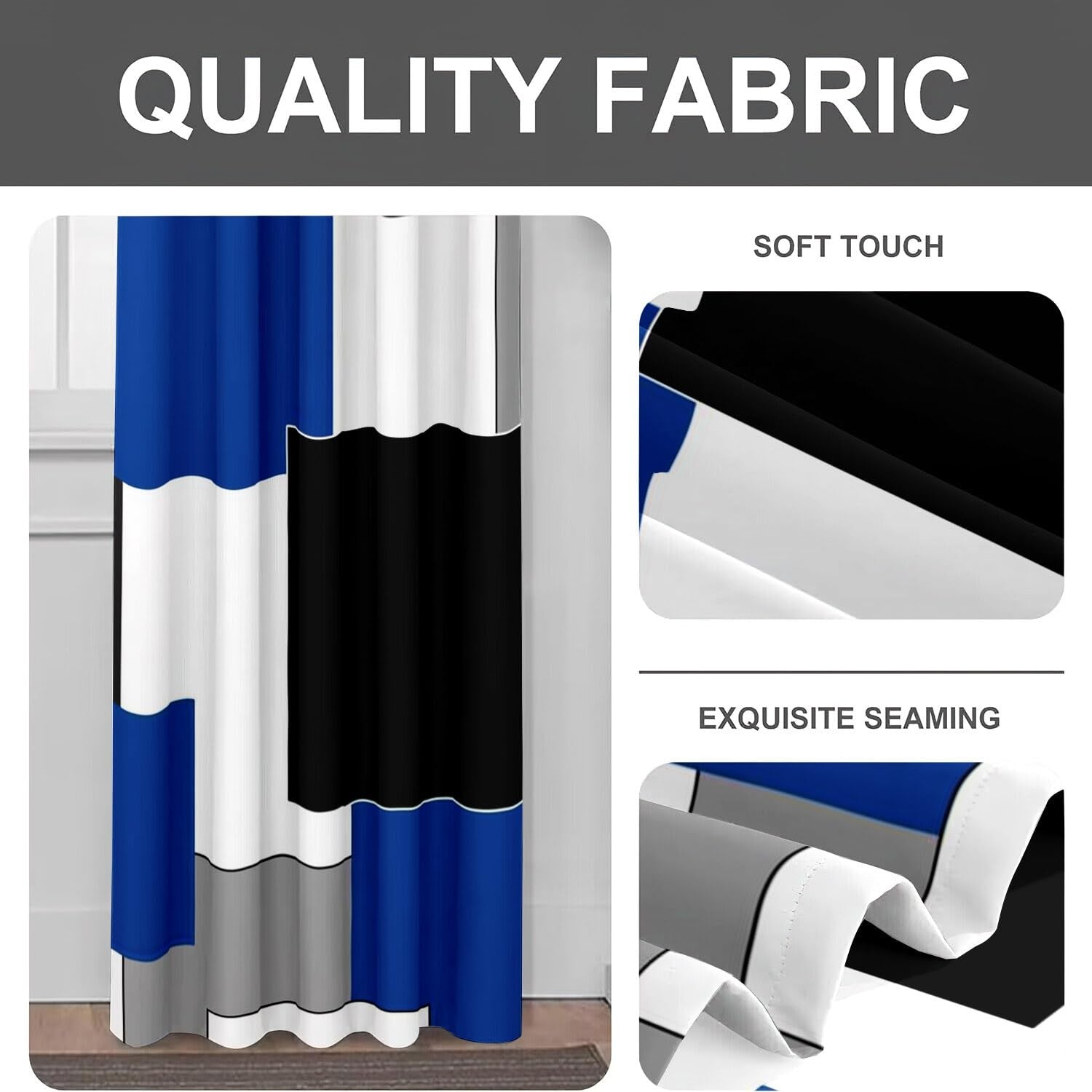 Blue and black geometric curtains for living room, 84-inch length, by XFLINGBAO, featuring modern design and stylish window coverage.