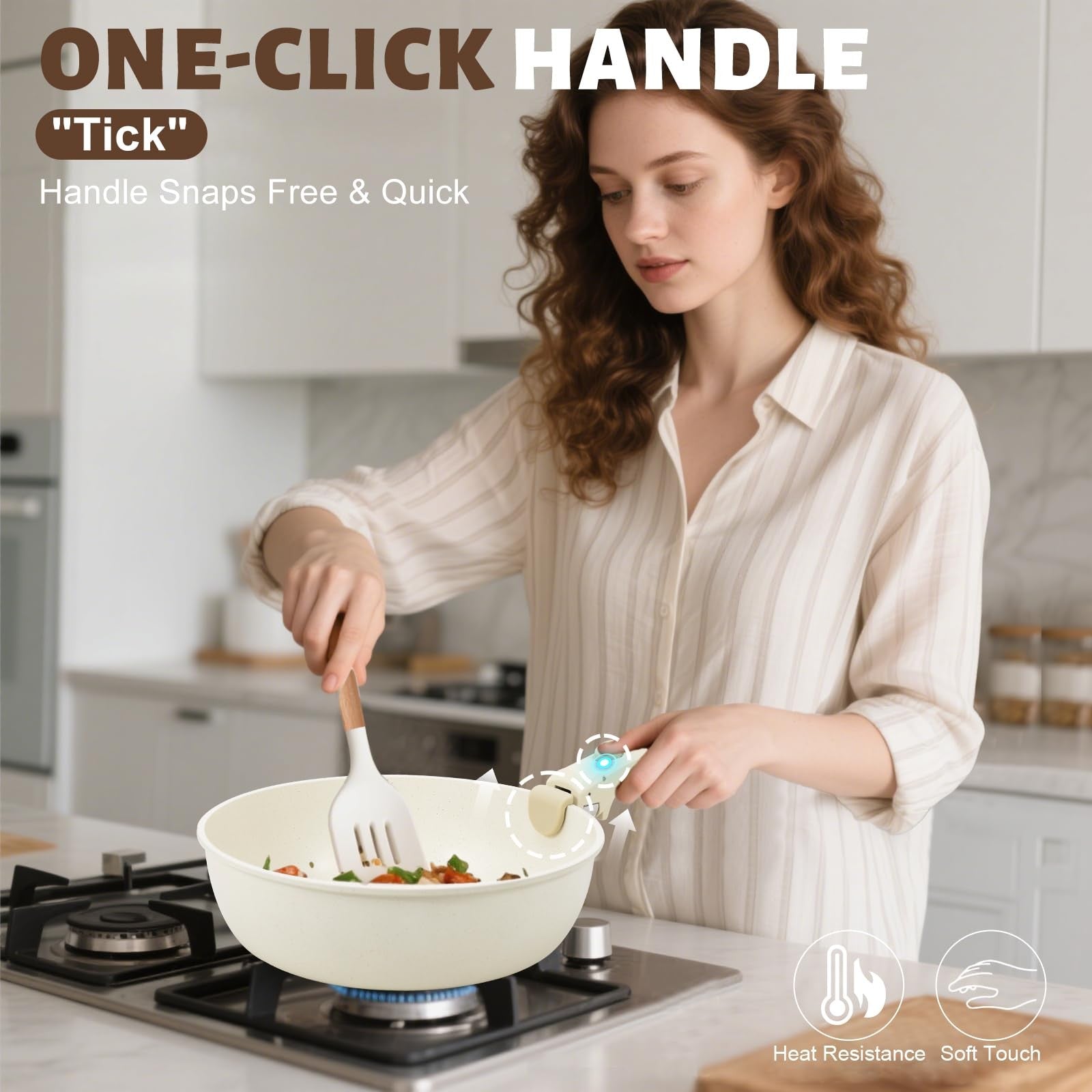 Numola 10-piece non-stick pots and pans set with detachable handles, ceramic cookware for versatile cooking.