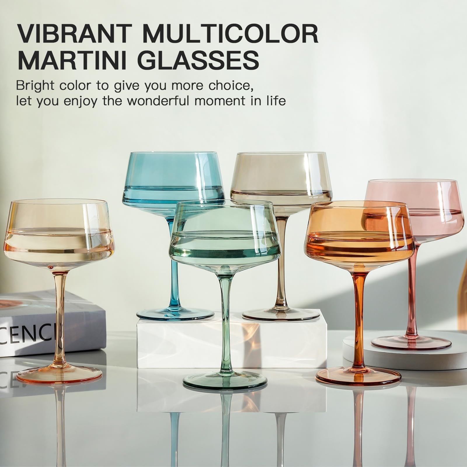 Set of 6 colorful hand-blown coupe glasses from JOVGANK, 13oz martini glasses with vibrant, multicolored designs on clear glass