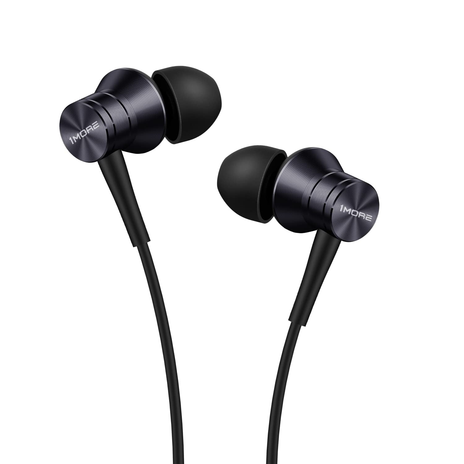 1MORE E1009 Piston Fit in-ear headphones with microphone, black with inline remote, showing ear tips and wired design.
