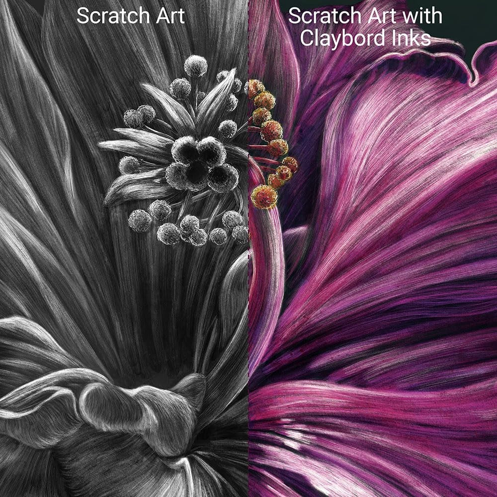 Ampersand Art Supply Scratchbord 6 Color Ink Set featuring six vibrant ink bottles on a white background.