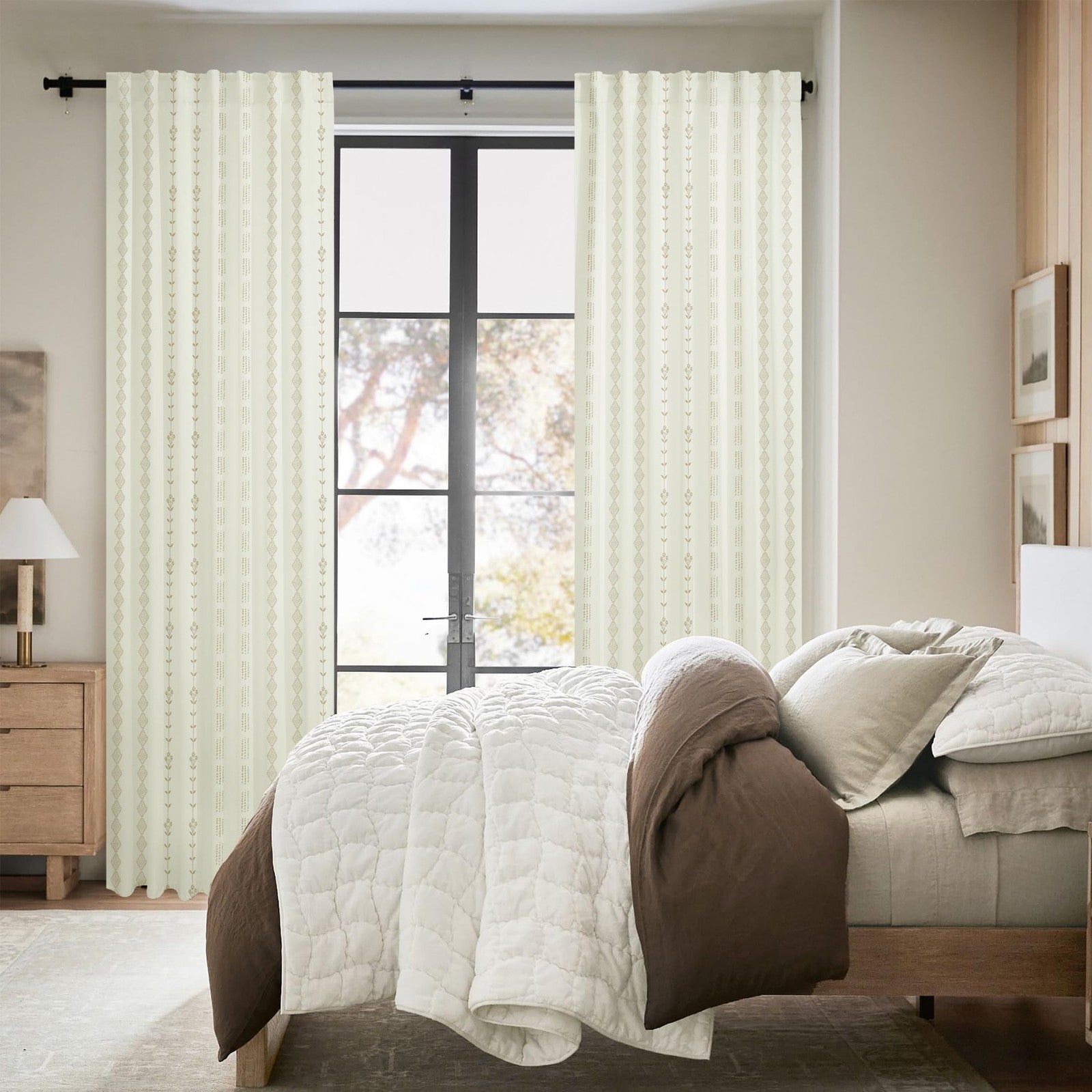 Neutral beige farmhouse curtains by Lino Rosa, 84-inch long tan blackout curtains for living room window decor