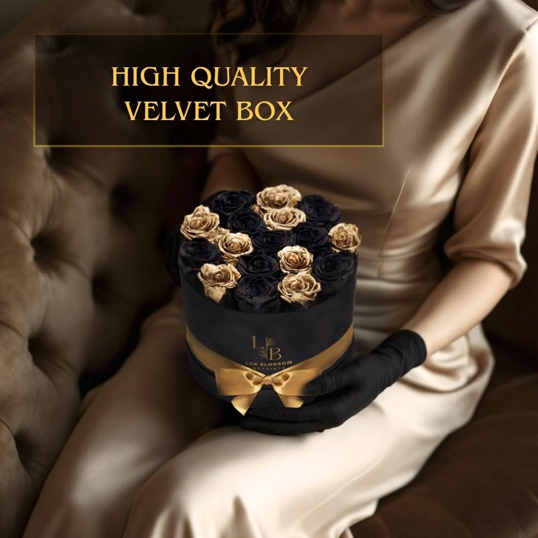 Black and gold forever roses in a velvet box from LUX BLOSSOM BOUTIQUE, elegant luxury floral gift for Valentine’s Day