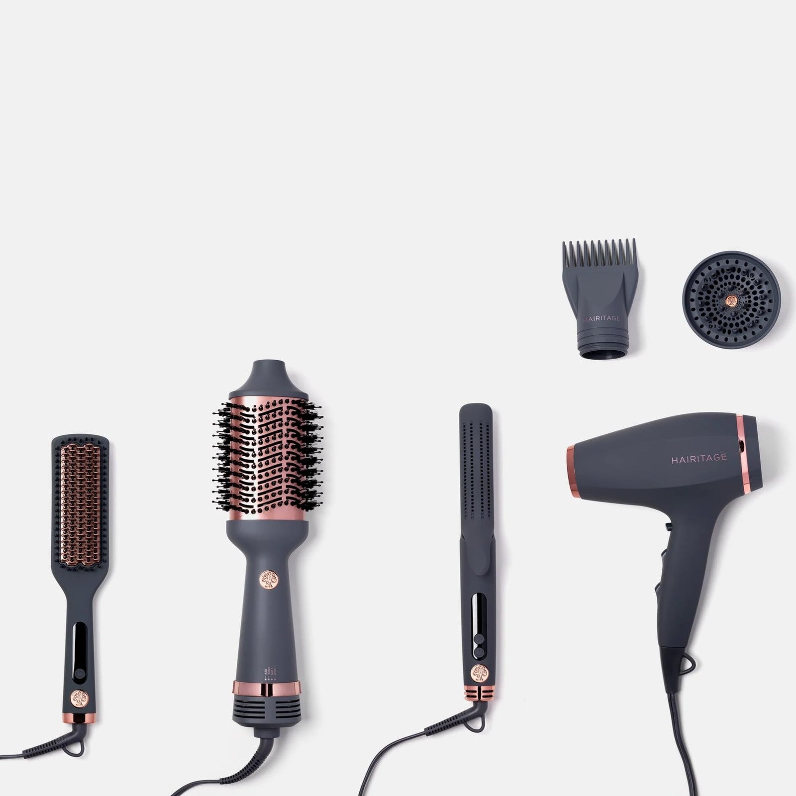 Hairitage ionic hair blow dryer with diffuser and concentrator attachments, showing the sleek hair dryer and accessories.