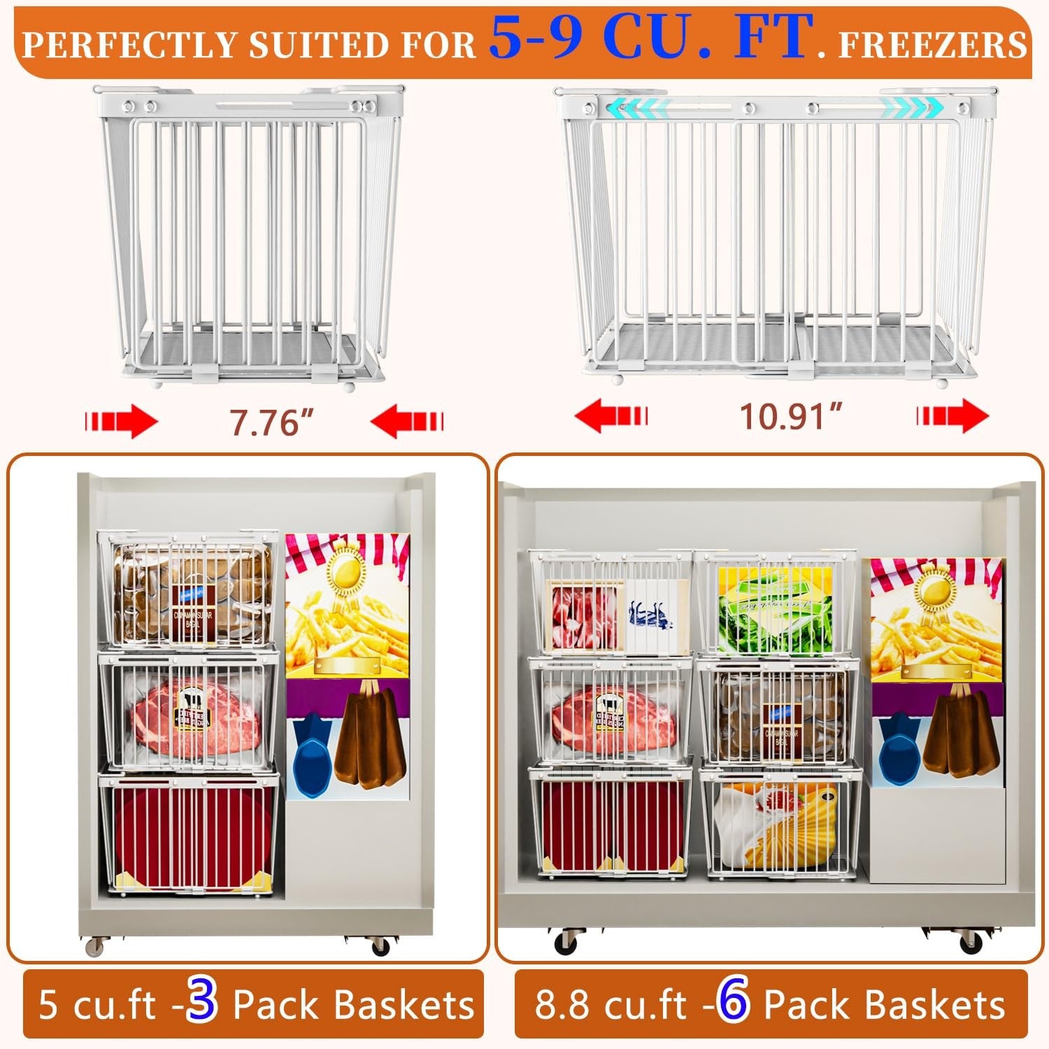 Anjuban large freezer organizer bins with leak-proof bottom, designed for 5 to 9 cu ft freezers, featuring netfit for secure storage.