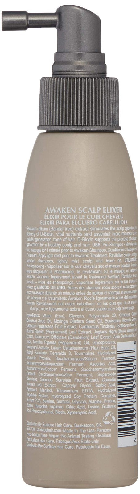 Surface Hair Awaken Therapeutic Scalp Elixir bottle with natural ingredients for thinning hair treatment.