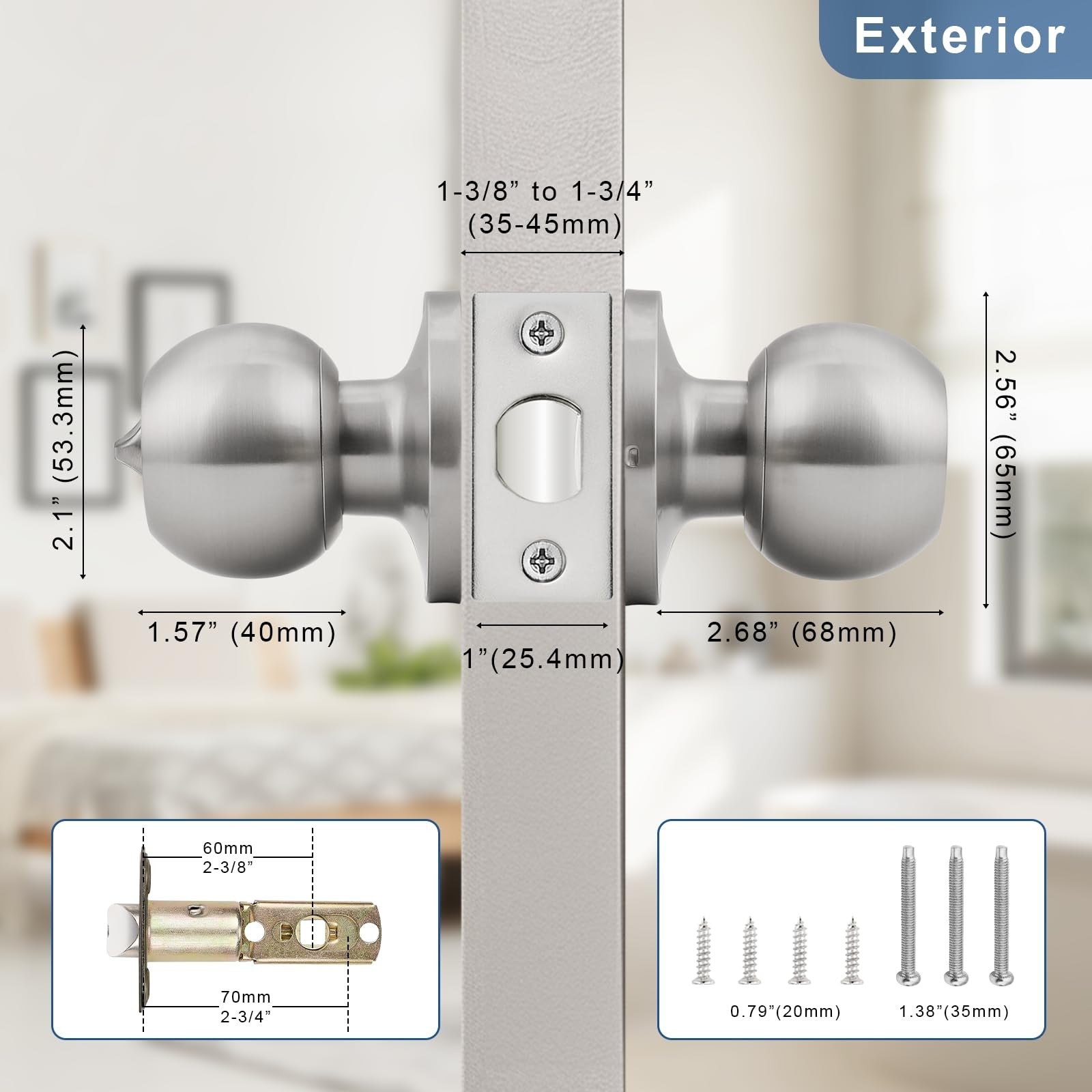 Set of five Knobonly satin nickel privacy door knobs, keyless interior door handles with sleek, modern design.