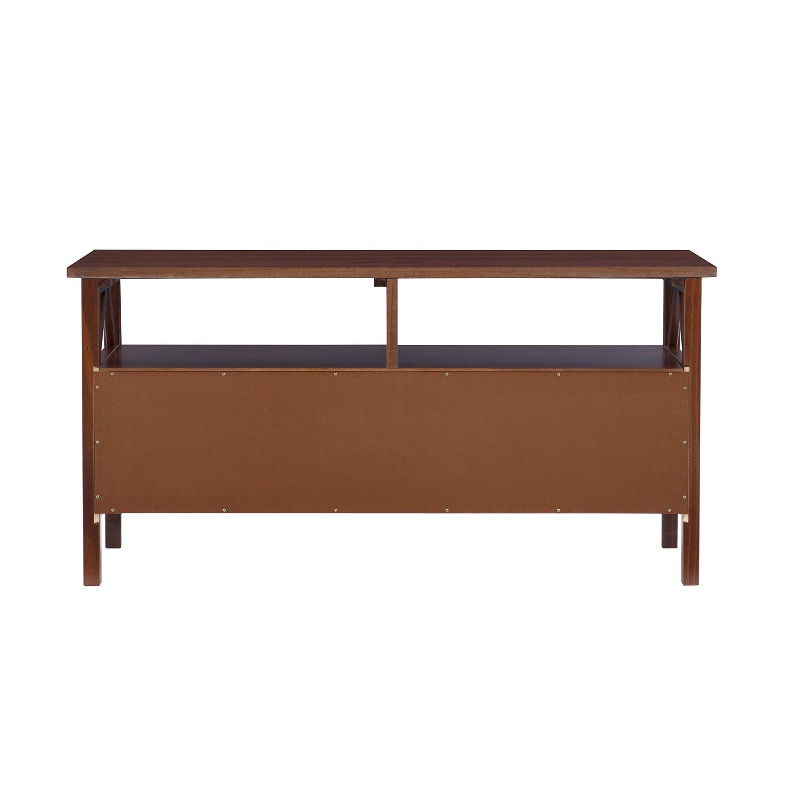 Antique Tobacco Titian TV stand by Linon Home Decor, featuring wood finish and storage compartments, measuring 44.02 inches wide.