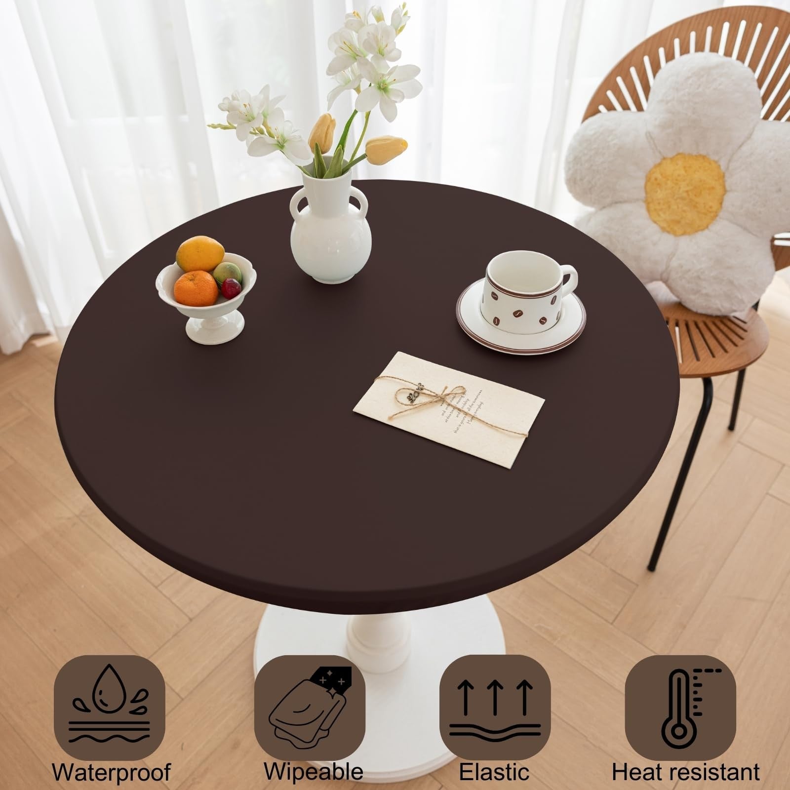 Round Huierxun fitted PU tablecloth, 59-inch diameter, waterproof and oil-proof, with stain-resistant surface on a dining table.