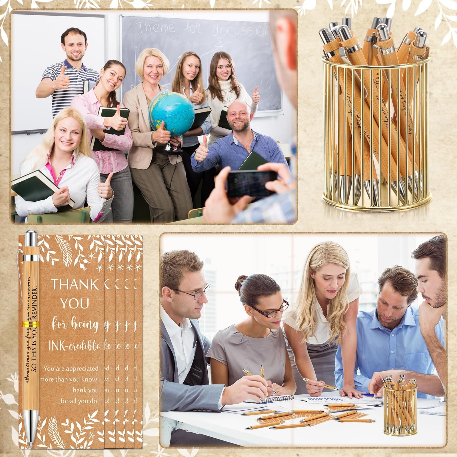 ReliThick employee appreciation gifts set featuring 50 bamboo ballpoint pens, bulk inspirational pens for workplace recognition.