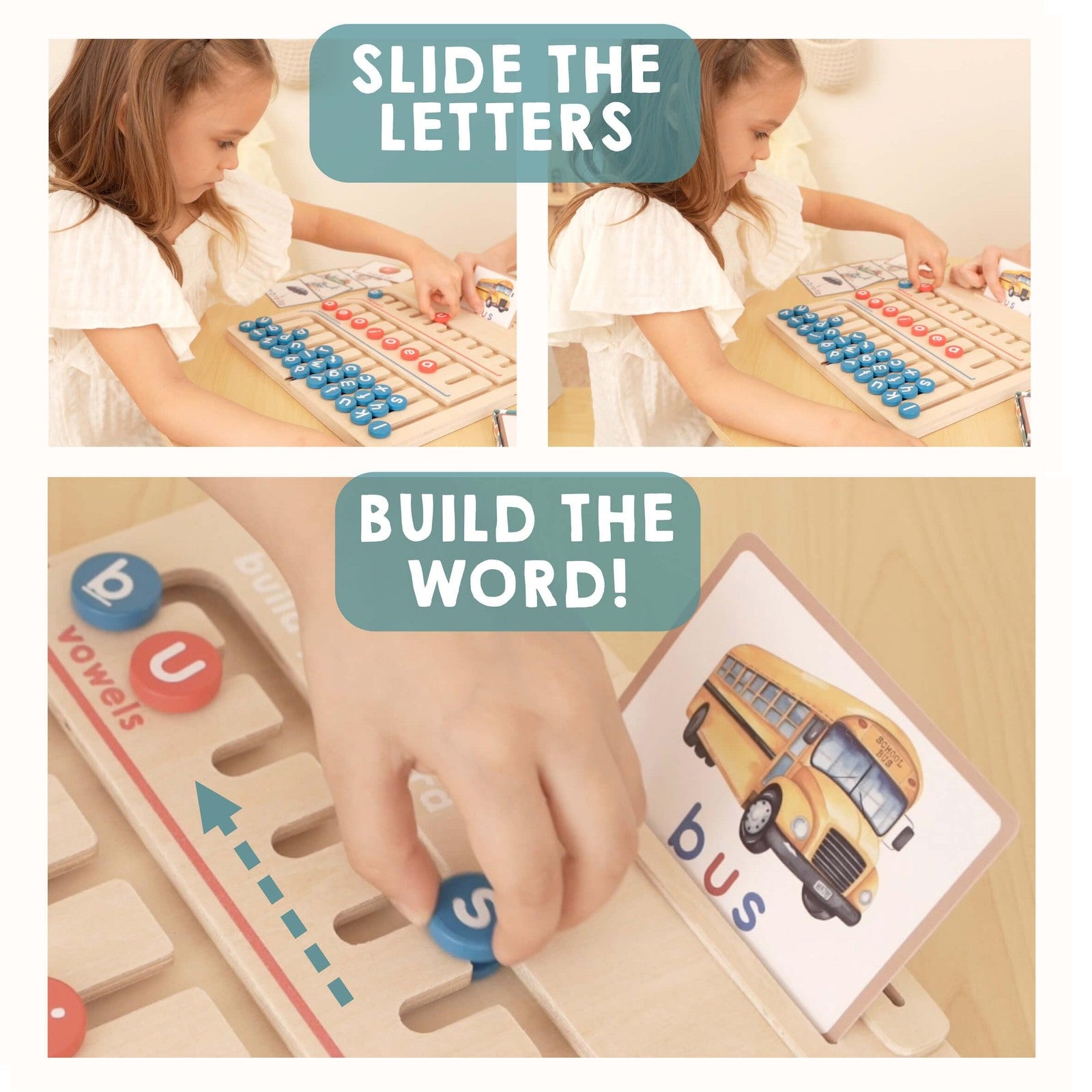 Wooden Montessori alphabet toy for 4-year-olds by Tribetots, featuring colorful letter blocks for educational play and learning.