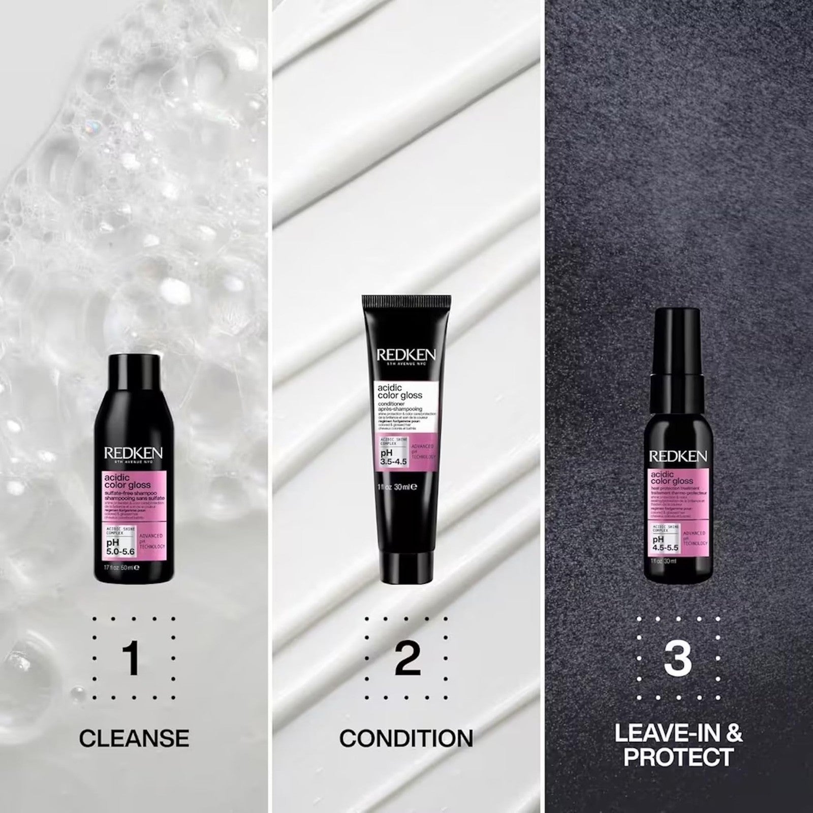 Redken Acidic Color Gloss Shine Mini Kit with sulfate-free shampoo, conditioner, and hair mask in a compact set.