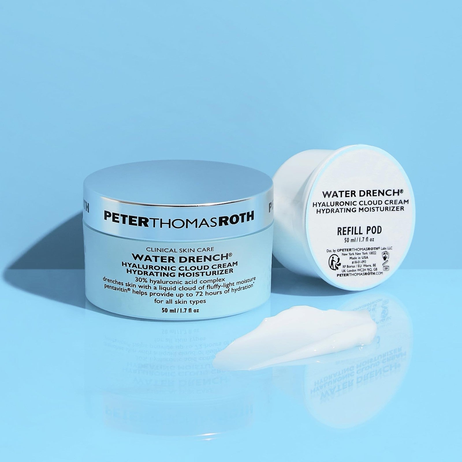 Peter Thomas Roth Water Drench Hyaluronic Cloud Cream moisturizer in a jar, hydrating skincare product with a lightweight, cloud-like texture.