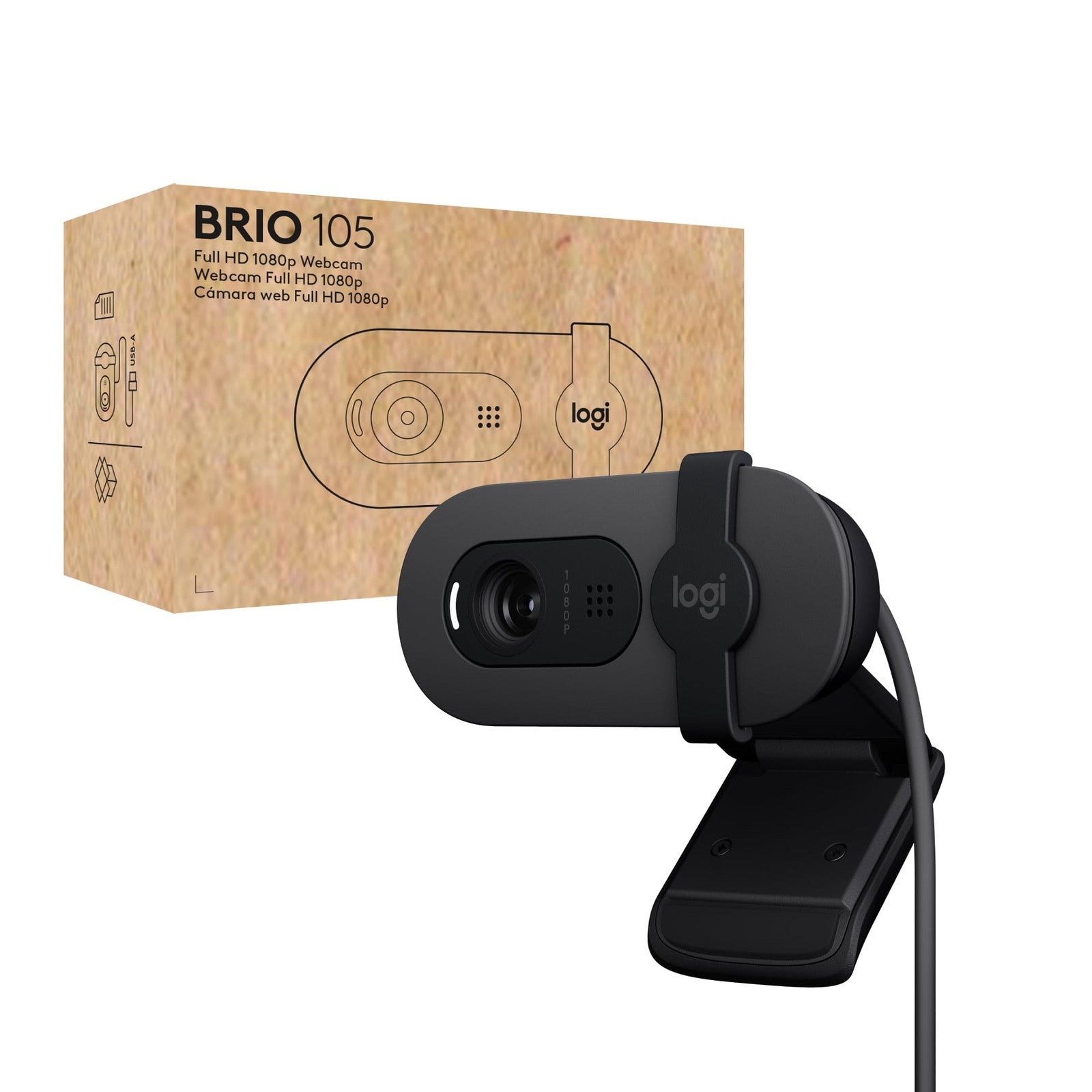 Logitech Brio 105 Full HD 1080p business webcam with auto-light balance and USB-A connection, showing the webcam on a desk.